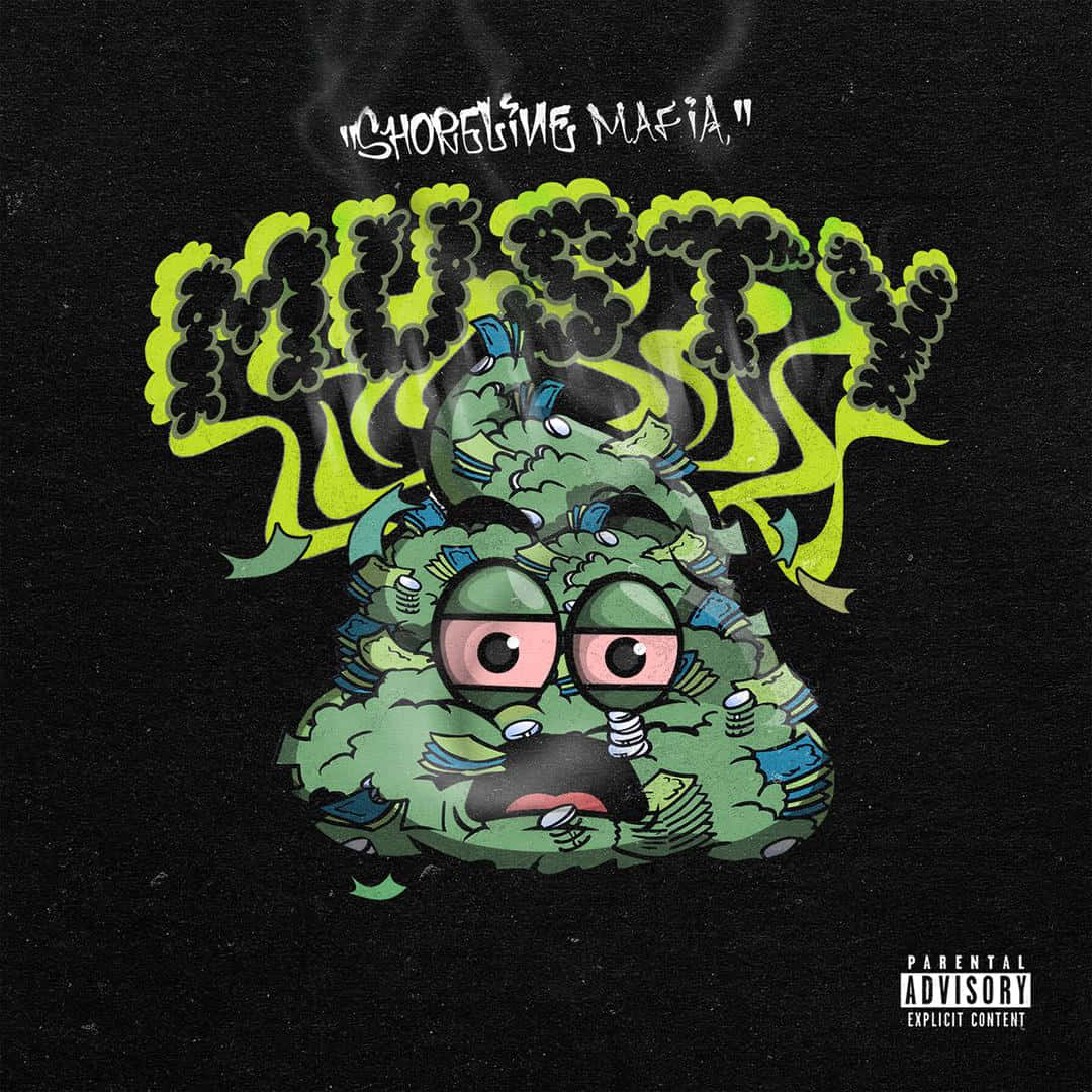 Shoreline Mafia 桌布 壁紙 — 一個卡通風格的綠色便便表情符號，有大眼睛和滿是藥丸的嘴巴，在黑色背景上被霓虹綠煙霧包圍。