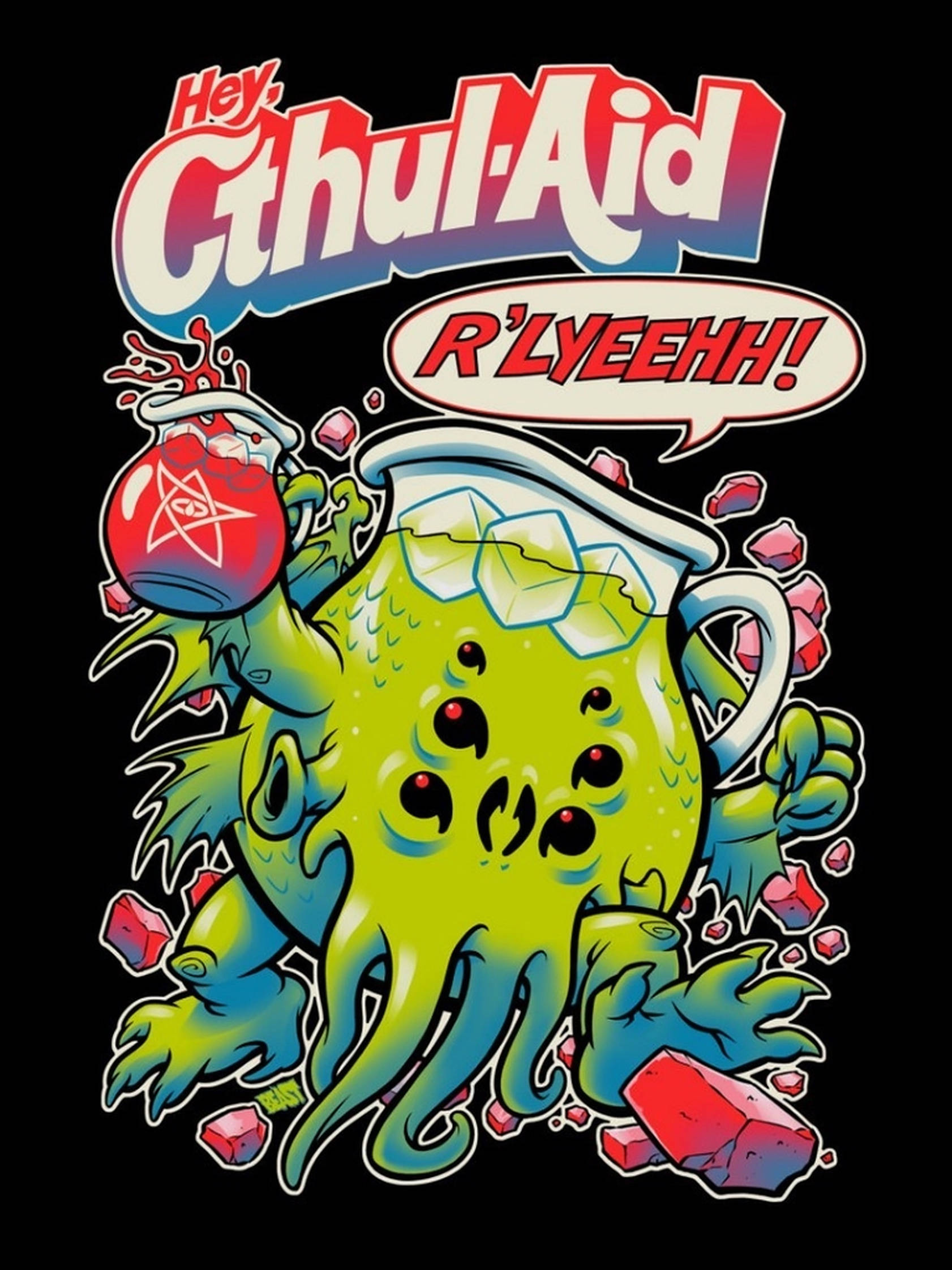 Kool Aid Man 桌布 壁紙 — 一個卡通風格的綠色克蘇魯角色，拿著一壺冰和一個帶有五角星的藥水瓶，在黑色背景前大喊「R'lyeehh!」。