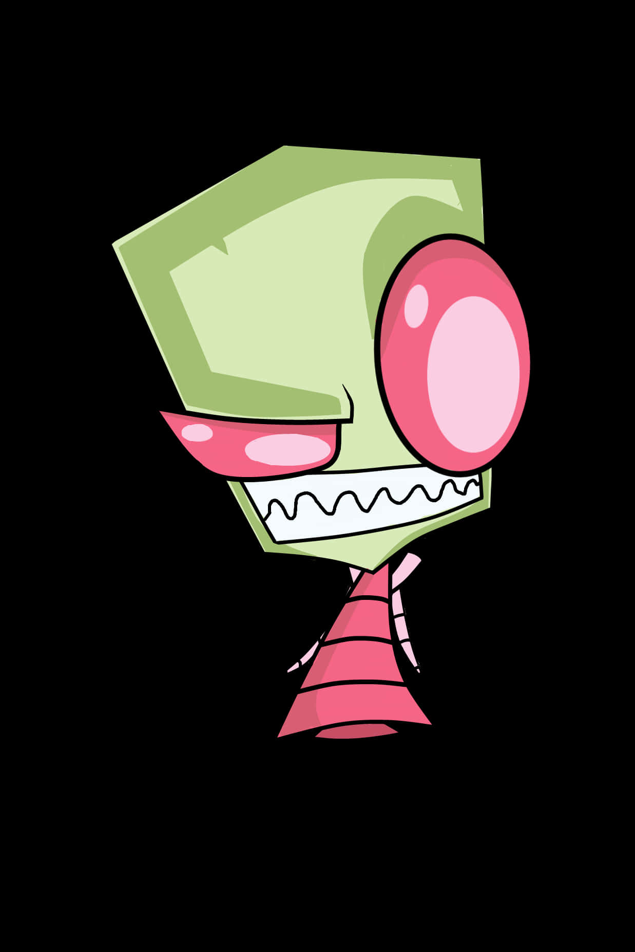 Invader Zim 桌布 壁紙 — 一個卡通風格的綠色外星人，有一隻粉紅色的大眼睛和鋸齒狀的牙齒，站在黑色背景前。