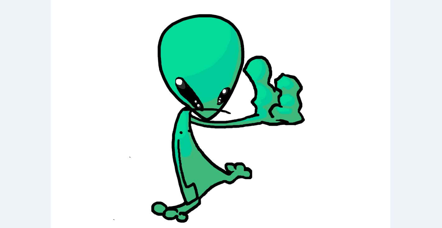 Cartoon Alien 桌布 壁紙 — 一個卡通風格的綠色外星人，有大眼睛和一隻舉起的手，站在純白色背景前。
