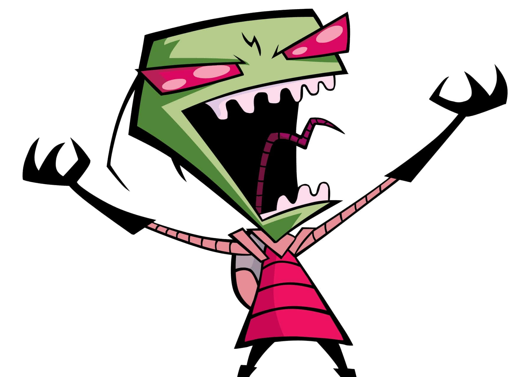 Invader Zim 桌布 壁紙 — 一個卡通風格的綠色外星人，有粉紅色的眼睛和爪子，穿著粉紅色的裙子瘋狂尖叫。