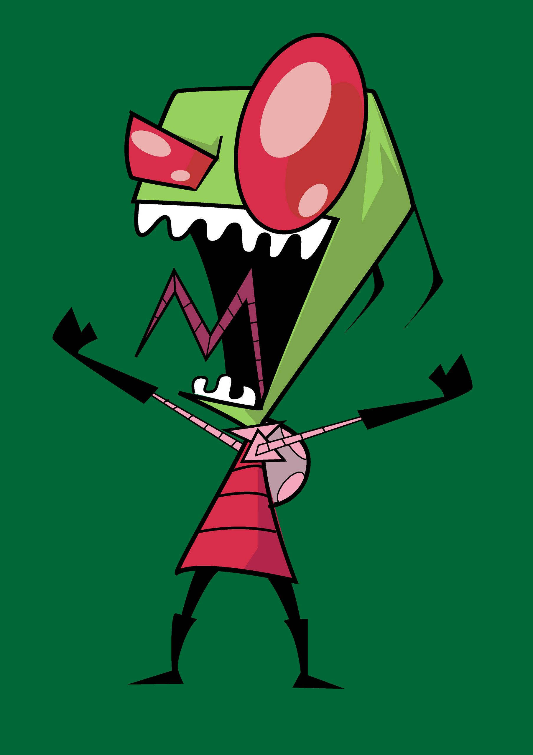 Invader Zim 桌布 壁紙 — 一個卡通風格的綠色外星人，有著巨大的紅色眼睛和鋒利的牙齒，站在純綠色背景前。
