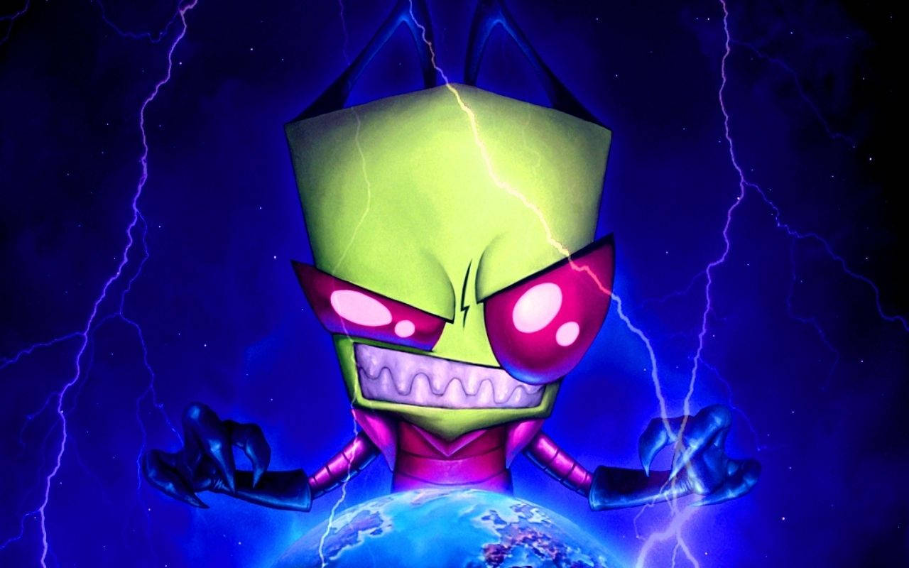 Invader Zim 桌布 壁紙 — 一個卡通風格的綠色外星人，有著發光的粉紅色眼睛，威脅性地站在一顆藍色星球上方，周圍紫色閃電劈啪作響。