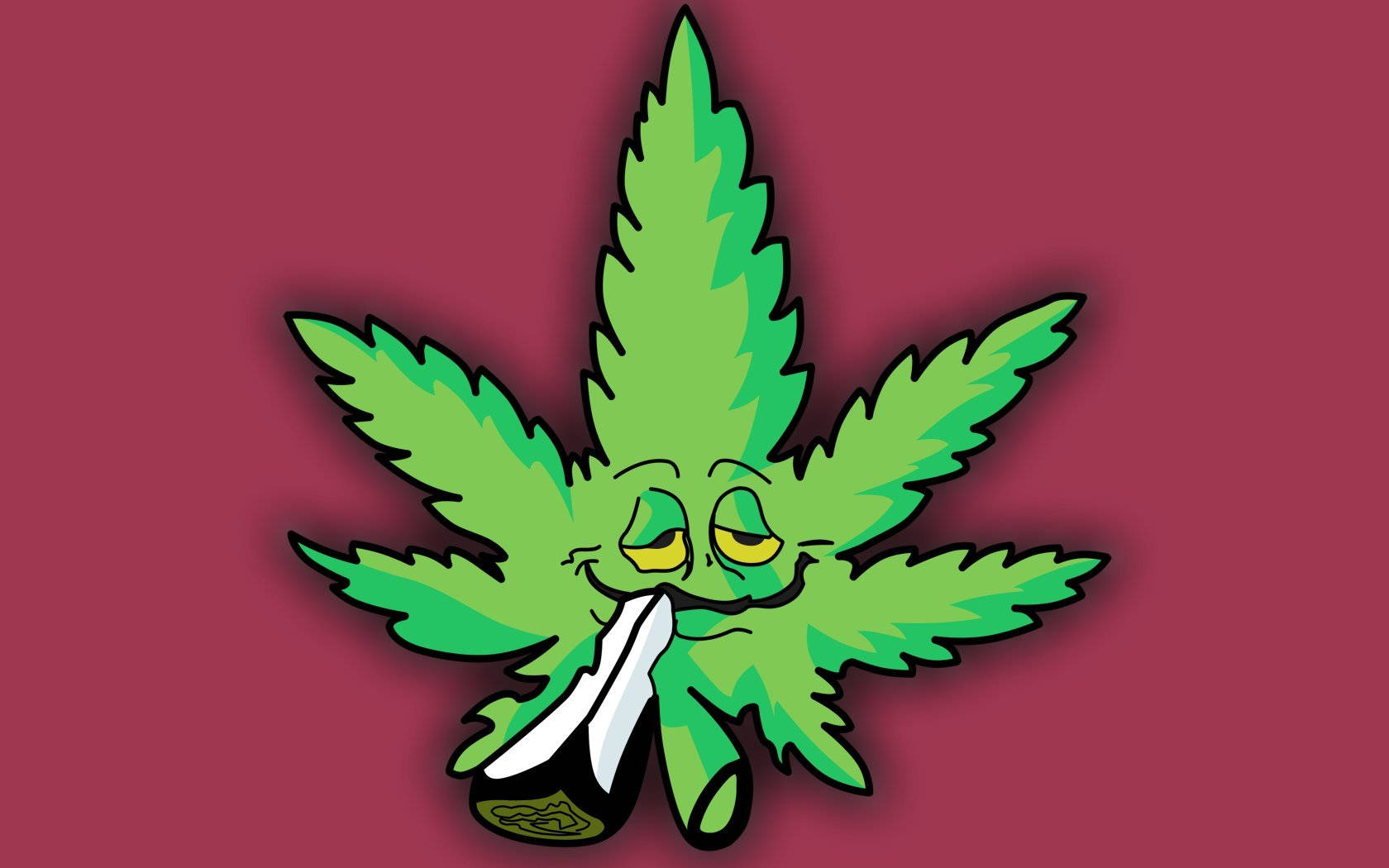 酷炫大麻 桌布 壁紙 — 一個卡通風格的綠色大麻葉，帶有疲倦的眼睛和嘴裡叼著一根大麻煙，背景為栗色。