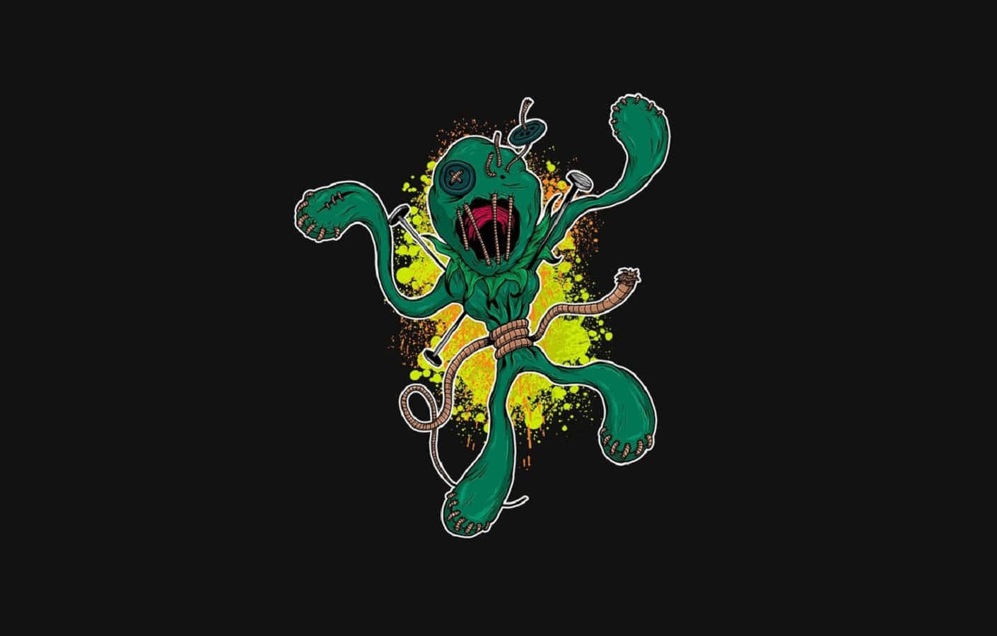 Voodoo Dolls 桌布 壁紙 — 一個卡通風格的綠色怪物，有多條肢體和一個露出牙齒的寬闊笑容，從黑色背景上的黃色飛濺中爆發出來。