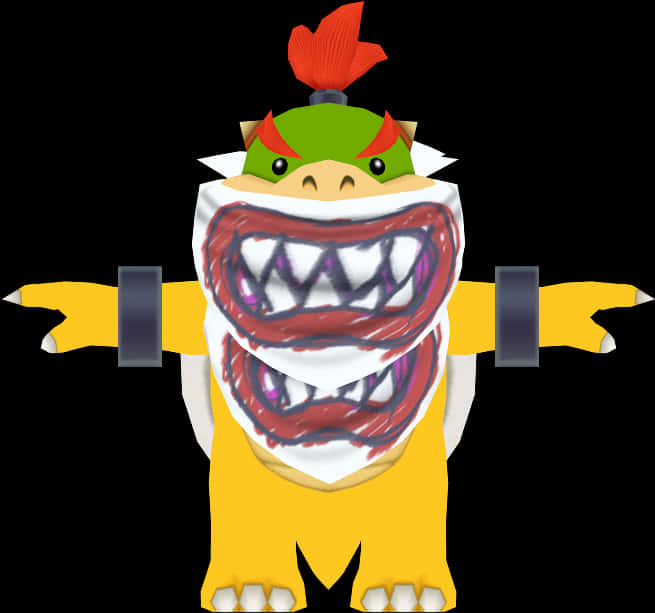 bowser 桌布 壁紙 — 一個卡通風格的綠色恐龍角色，張開大嘴露出笑容，頭上有紅色莫西乾頭，站在黑色背景前。