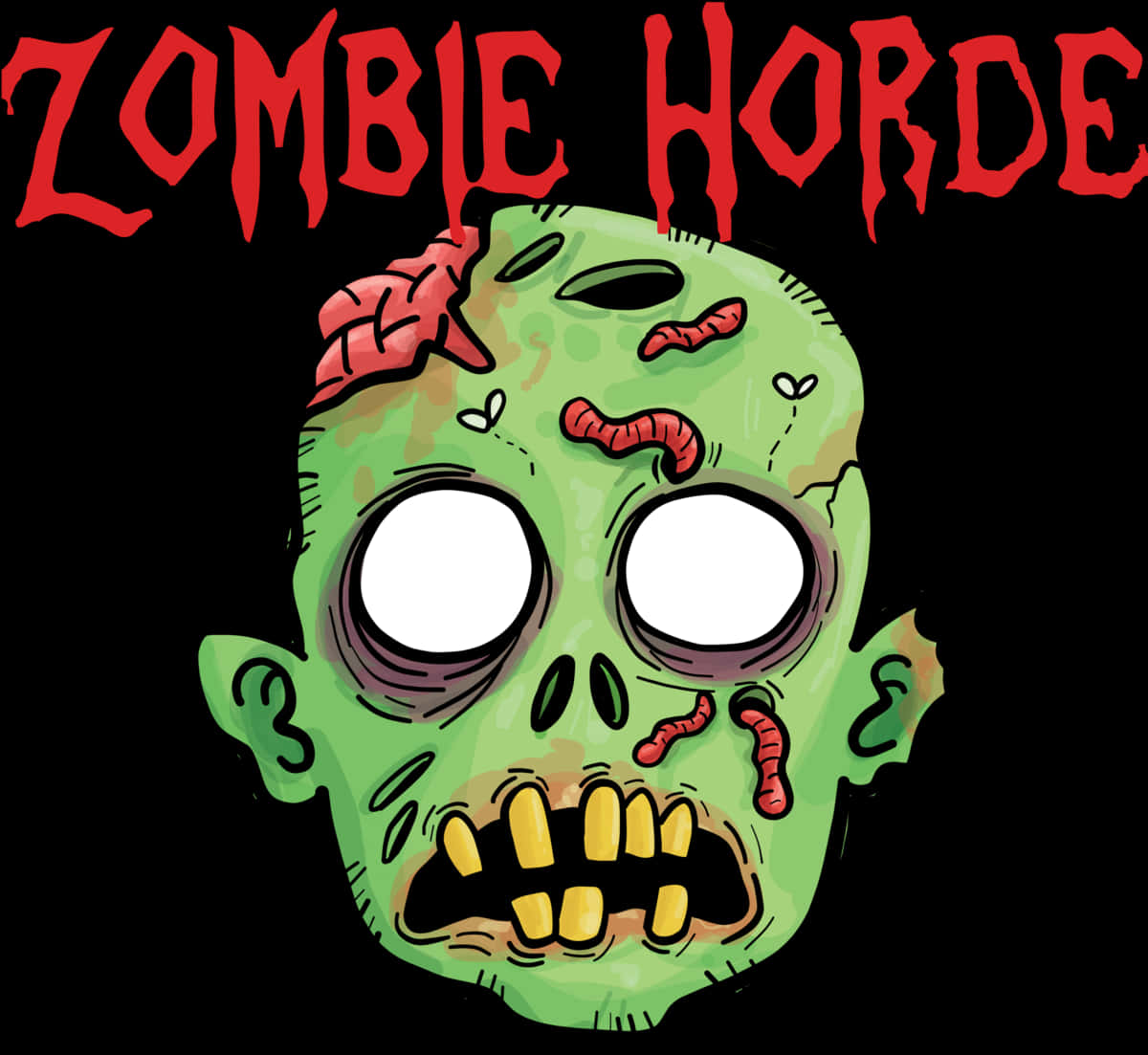 Undead 桌布 壁紙 — 一個卡通風格的綠色殭屍頭，露出大腦和蠕蟲，黑色背景上帶有紅色 'ZOMBIE HORDE' 文字。
