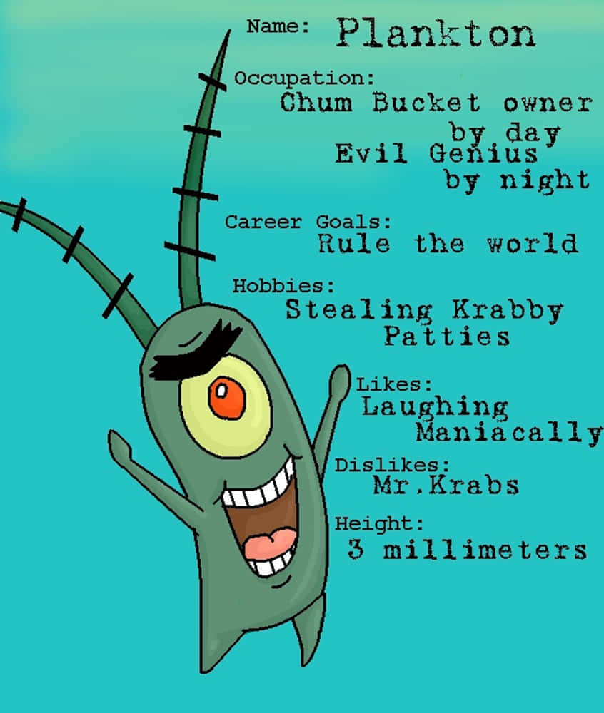 plankton 桌布 壁紙 — 一個卡通風格的綠色浮游生物角色，有一隻眼睛和一個大大的笑容，周圍環繞著描述其反派特徵的文字，背景為青綠色。