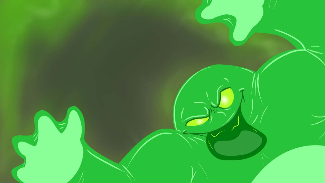 Halloween Slime 桌布 壁紙 — 一個卡通風格的綠色鬼魂，發光的眼睛和流口水的表情，漂浮在深綠色背景上。