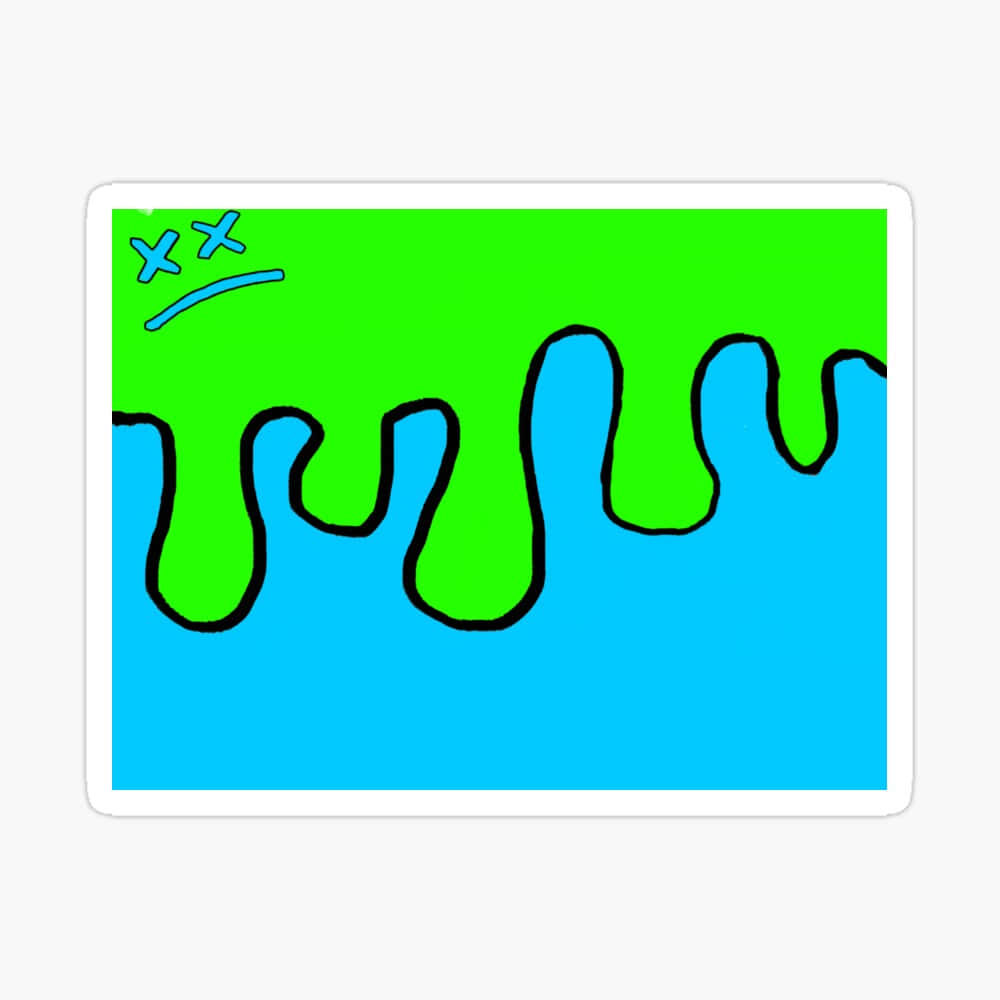 Drip 桌布 壁紙 — 一個卡通風格的綠色黏液從笑臉上滴落，背景是明亮的藍色。
