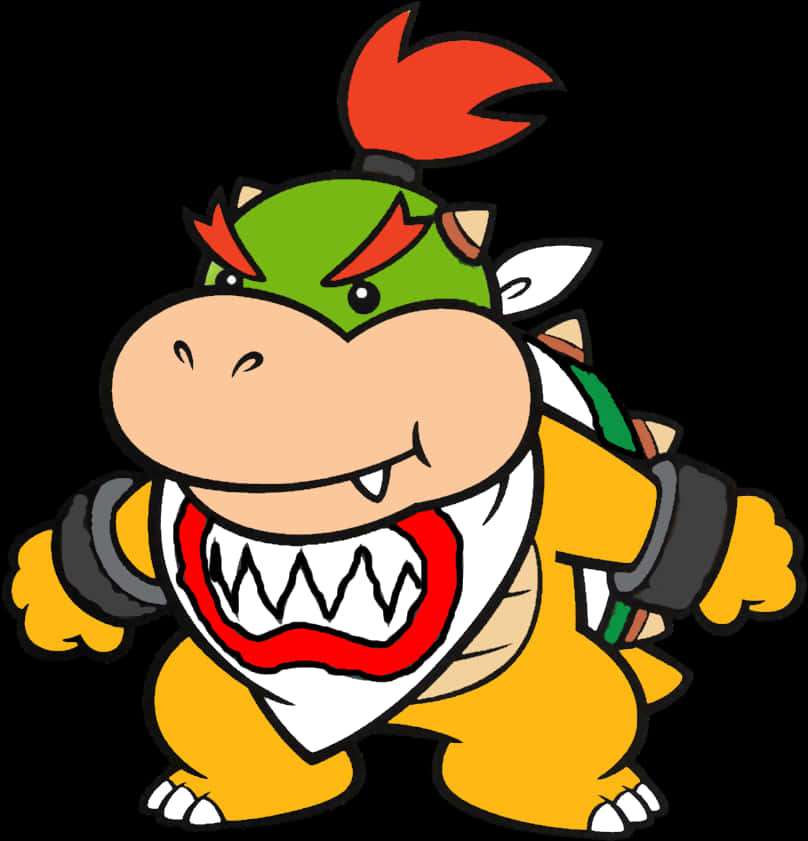 bowser 桌布 壁紙 — 一個卡通風格的綠色龜狀反派，紅色莫西乾頭和黃色龜殼，在黑色背景上露出兇惡的笑容。