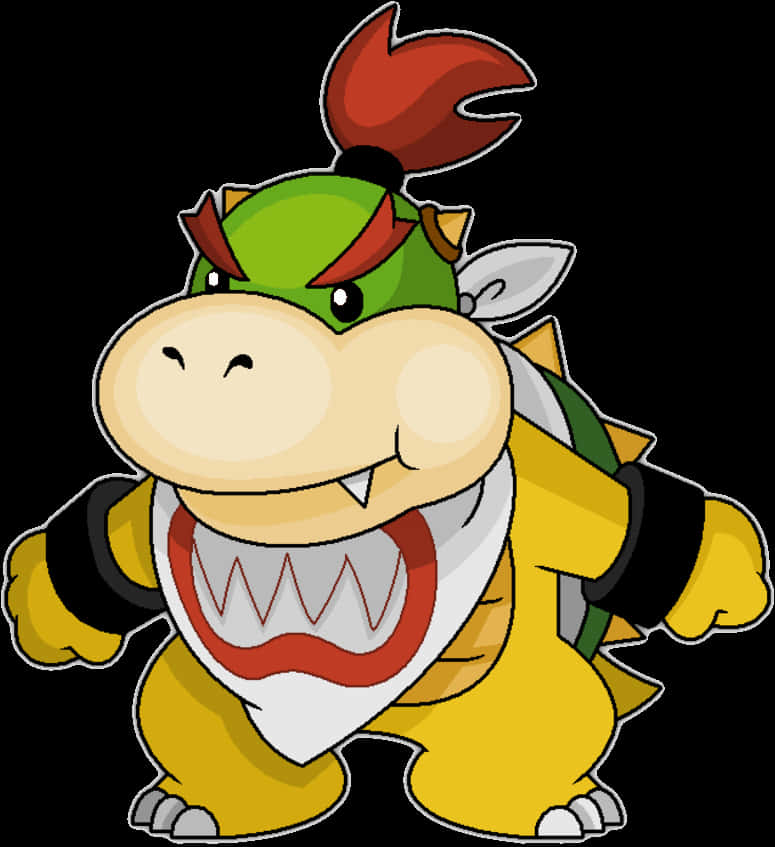 bowser 桌布 壁紙 — 一個卡通風格的綠色龜狀反派，頭頂紅色莫霍克髮型，身穿黃色盔甲，在黑色背景前威風凜凜地站立。