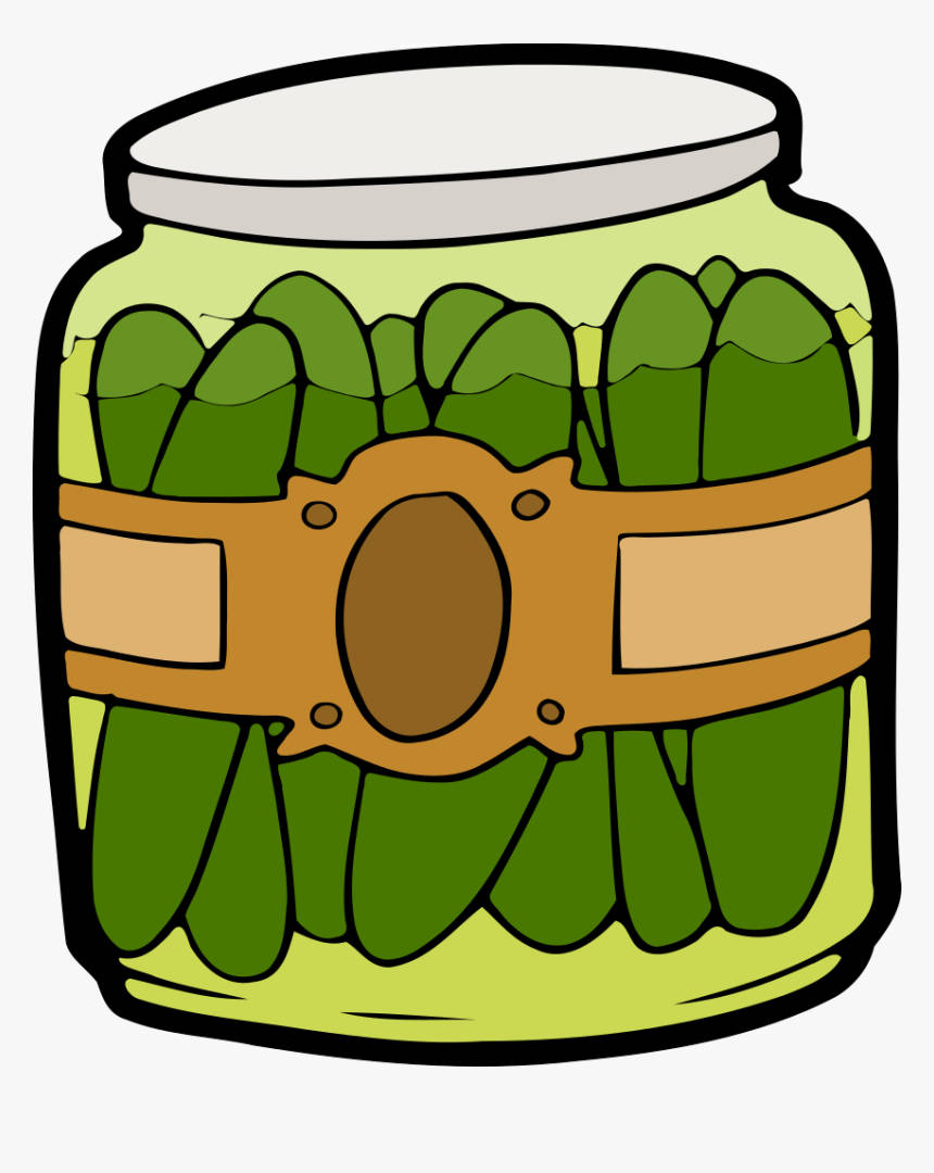 Pickle 桌布 壁紙 — 一個卡通風格的罐子，裝滿了綠色蘆筍，用棕色標籤和銀色蓋子密封。