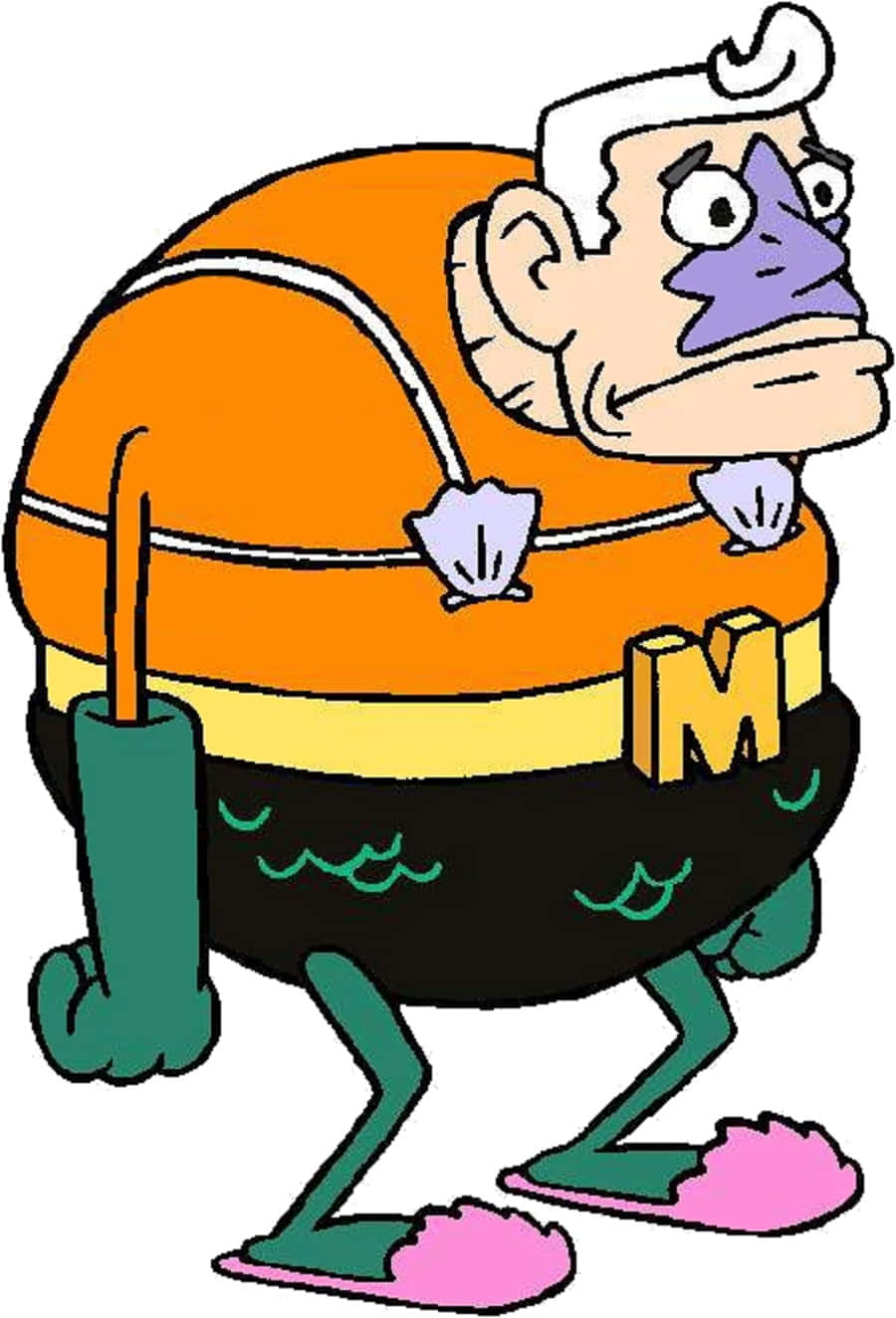 Mermaid Man 桌布 壁紙 — 一個卡通風格的老人，穿著橙色和黑色的潛水衣，搭配粉紅色拖鞋，帶著驚訝的表情走著。