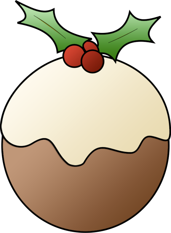 Christmas Clip Art 桌布 壁紙 — 一個卡通風格的聖誕布丁，上面有奶油和冬青莓，背景為黑色。