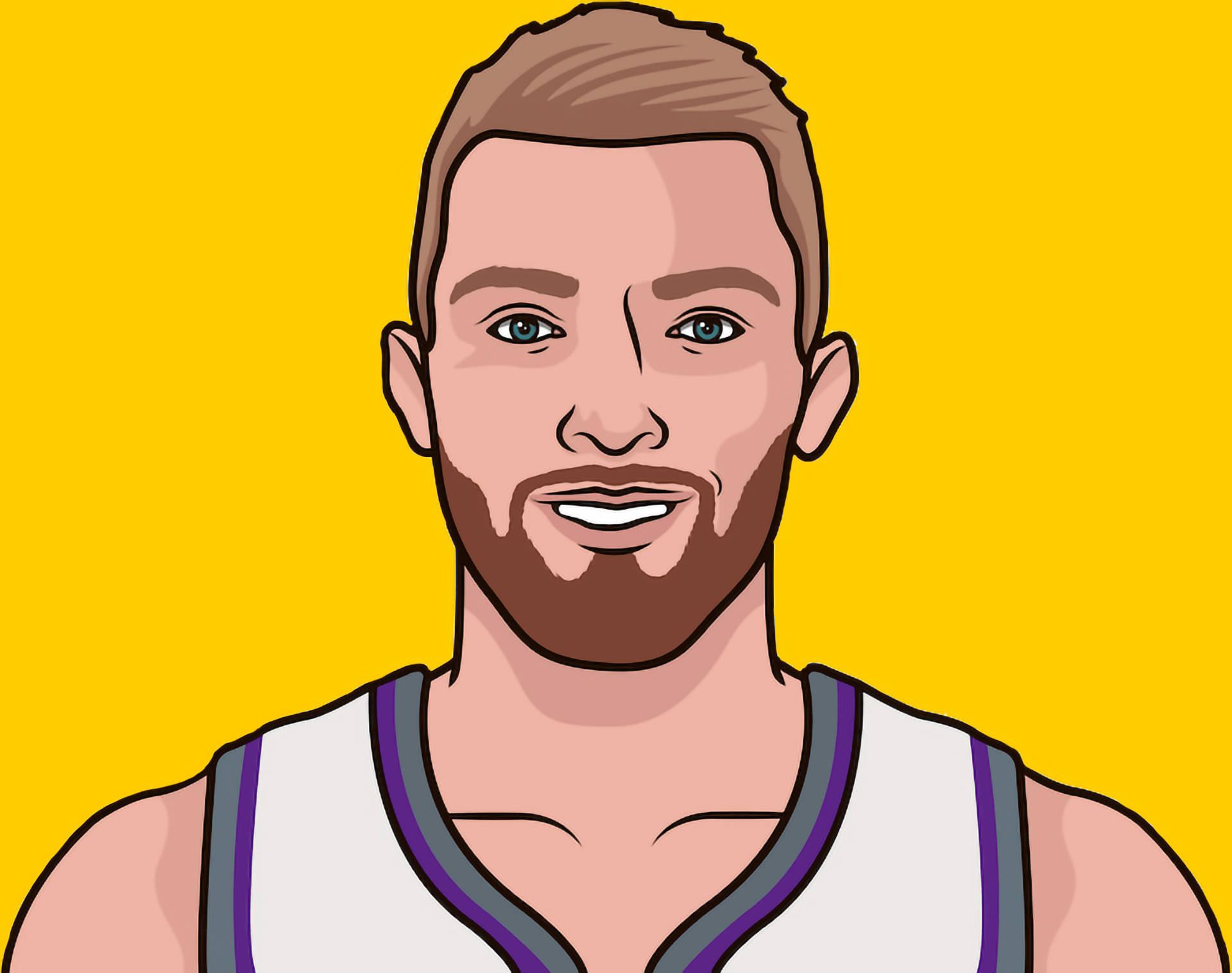 domantas sabonis 桌布 壁紙 — 一個卡通風格的肖像，一個微笑的鬍鬚籃球運動員穿著白色球衣，背景是純黃色。