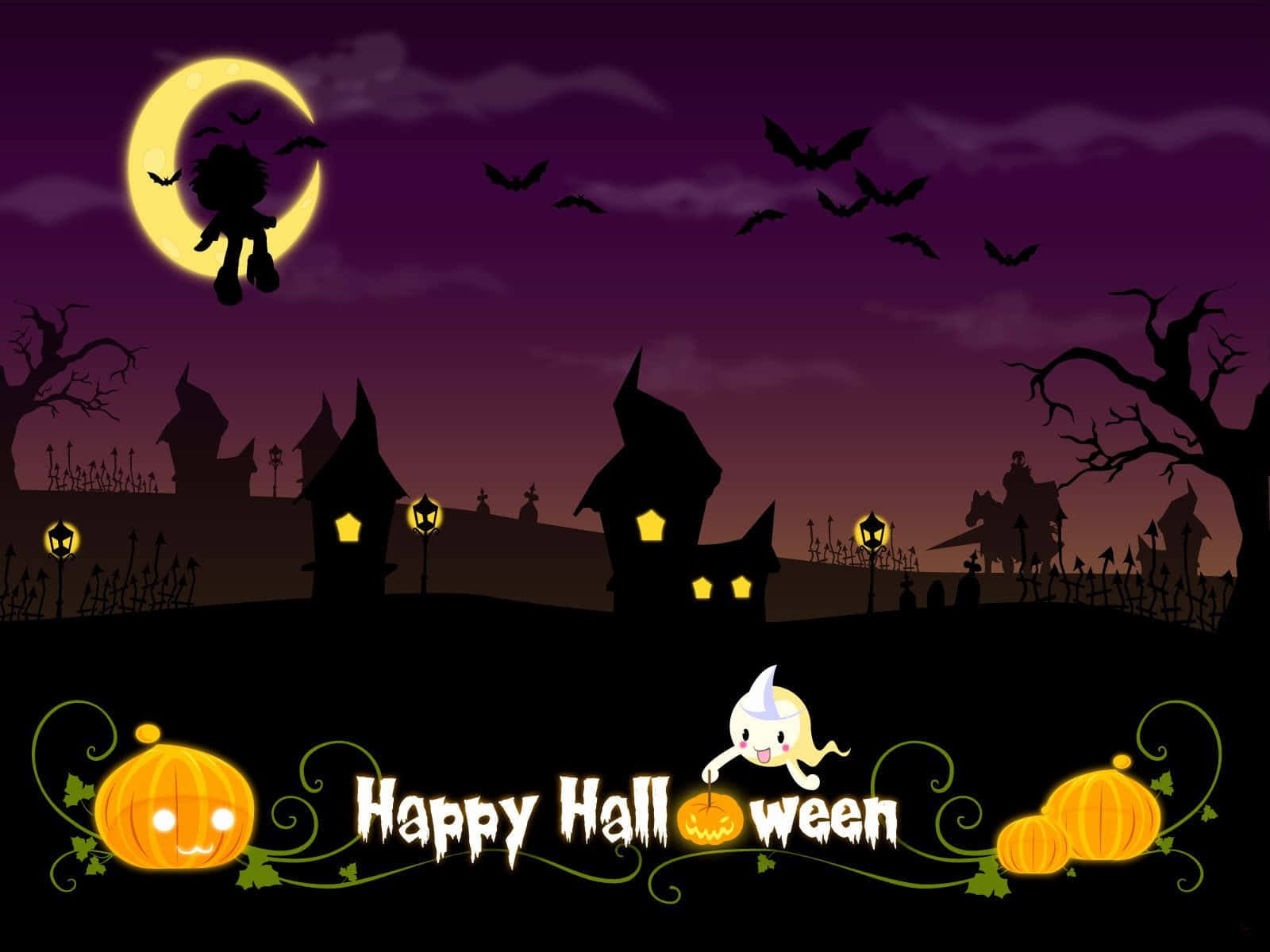 Halloween Cute 桌布 壁紙 — 一個卡通風格的萬聖節夜晚場景，有新月、蝙蝠、鬼屋、南瓜和一個在紫色天空下的幽靈。