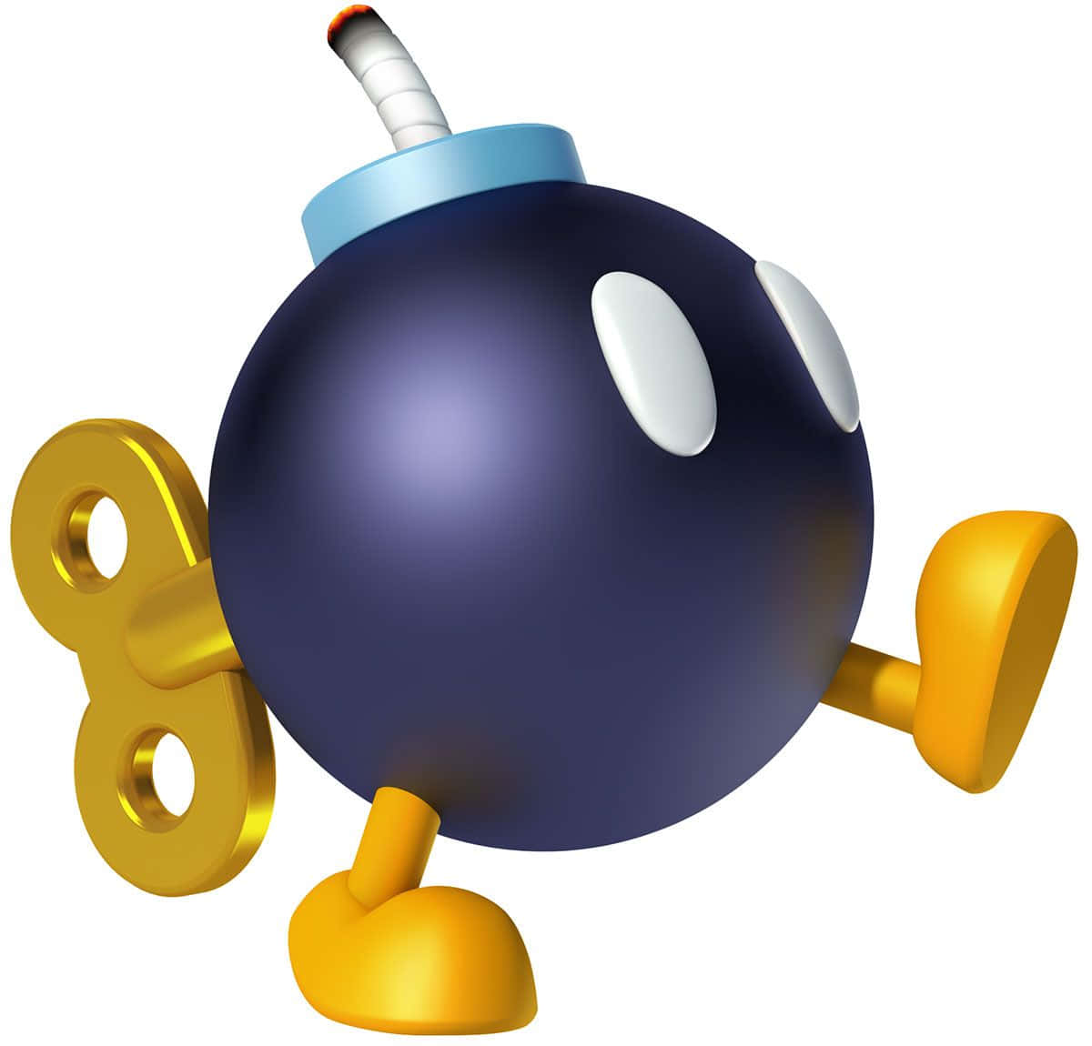 Bob-omb 桌布 壁紙 — 一個卡通風格的藍色炸彈，有白色眼睛、黃色四肢和點燃的引信，站在純白色背景前。