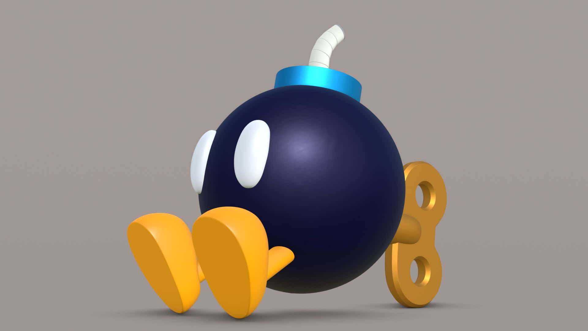 Bob-omb 桌布 壁紙 — 一個卡通風格的藍色炸彈，有白色眼睛、黃色腳和點燃的引信，直立在純灰色背景上。
