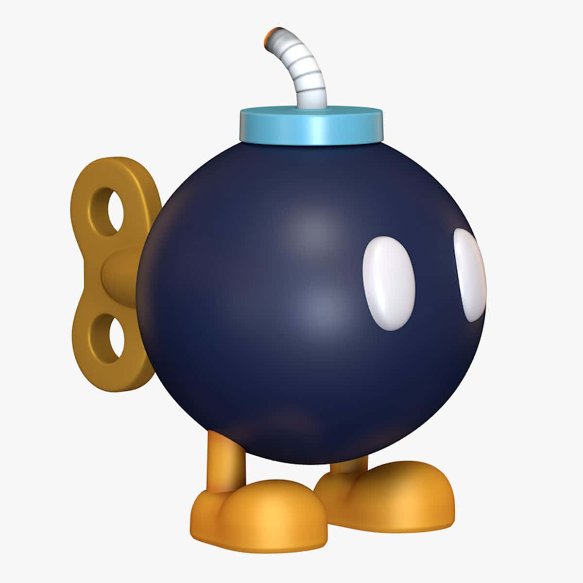 Bob-omb 桌布 壁紙 — 一個卡通風格的藍色炸彈，有白色眼睛、金色腿和捲曲的引信，站在純色背景前。