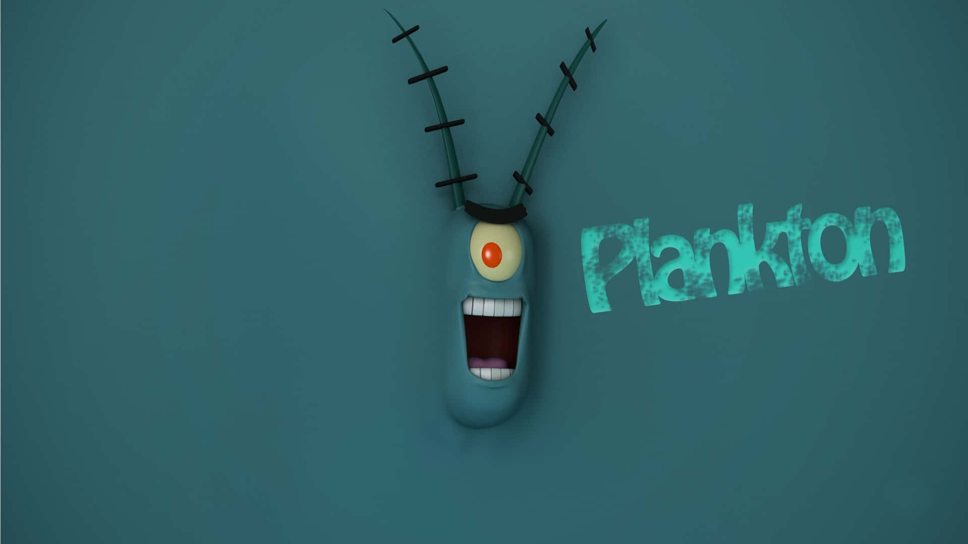 plankton 桌布 壁紙 — 一個卡通風格的藍色角色，有一隻眼睛和天線，在青綠色背景前尖叫，旁邊有單詞 Plankton。