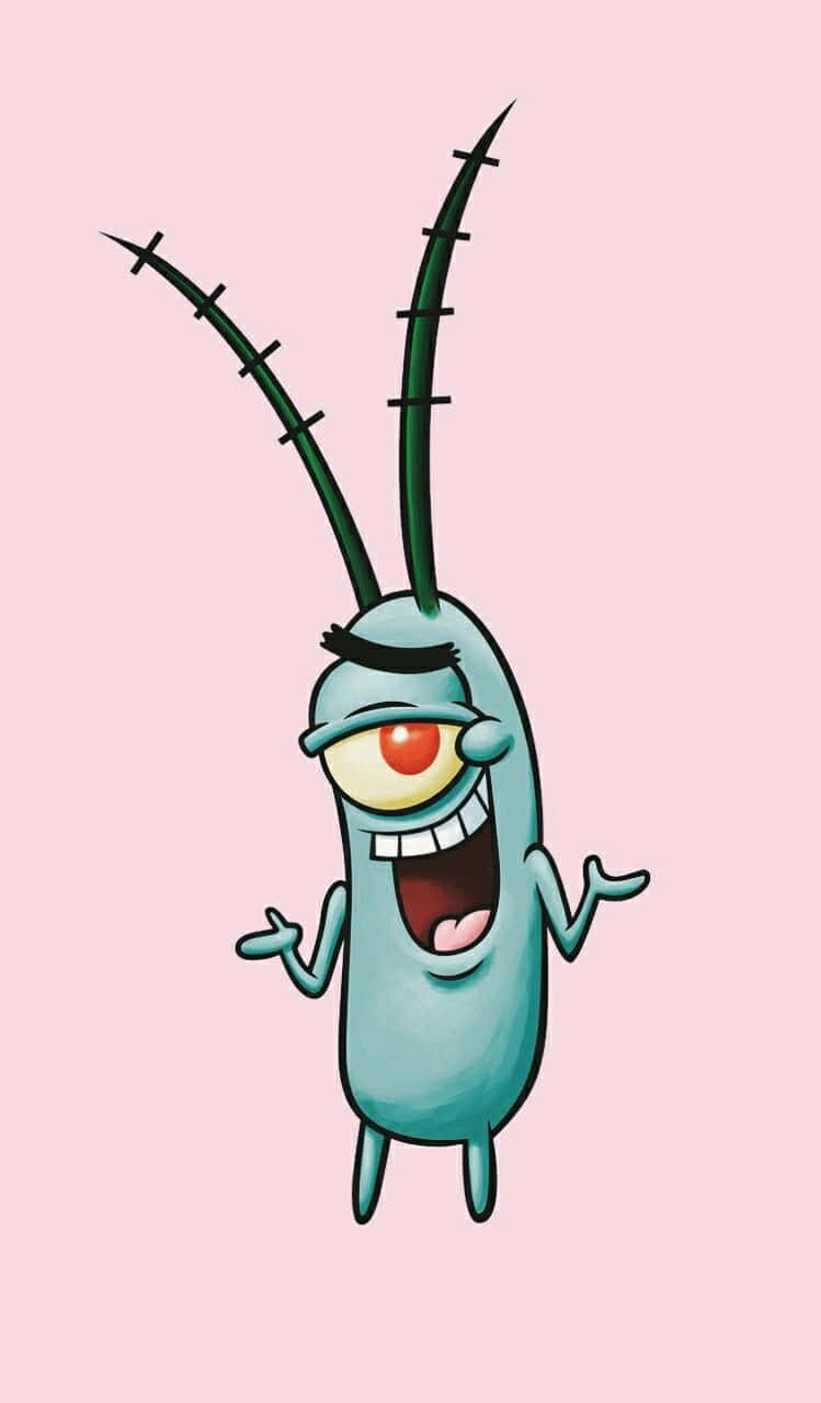 plankton 桌布 壁紙 — 一個卡通風格的藍色角色，長著長長的綠色觸角和一隻大眼睛，在柔和的粉紅色背景前開懷大笑。