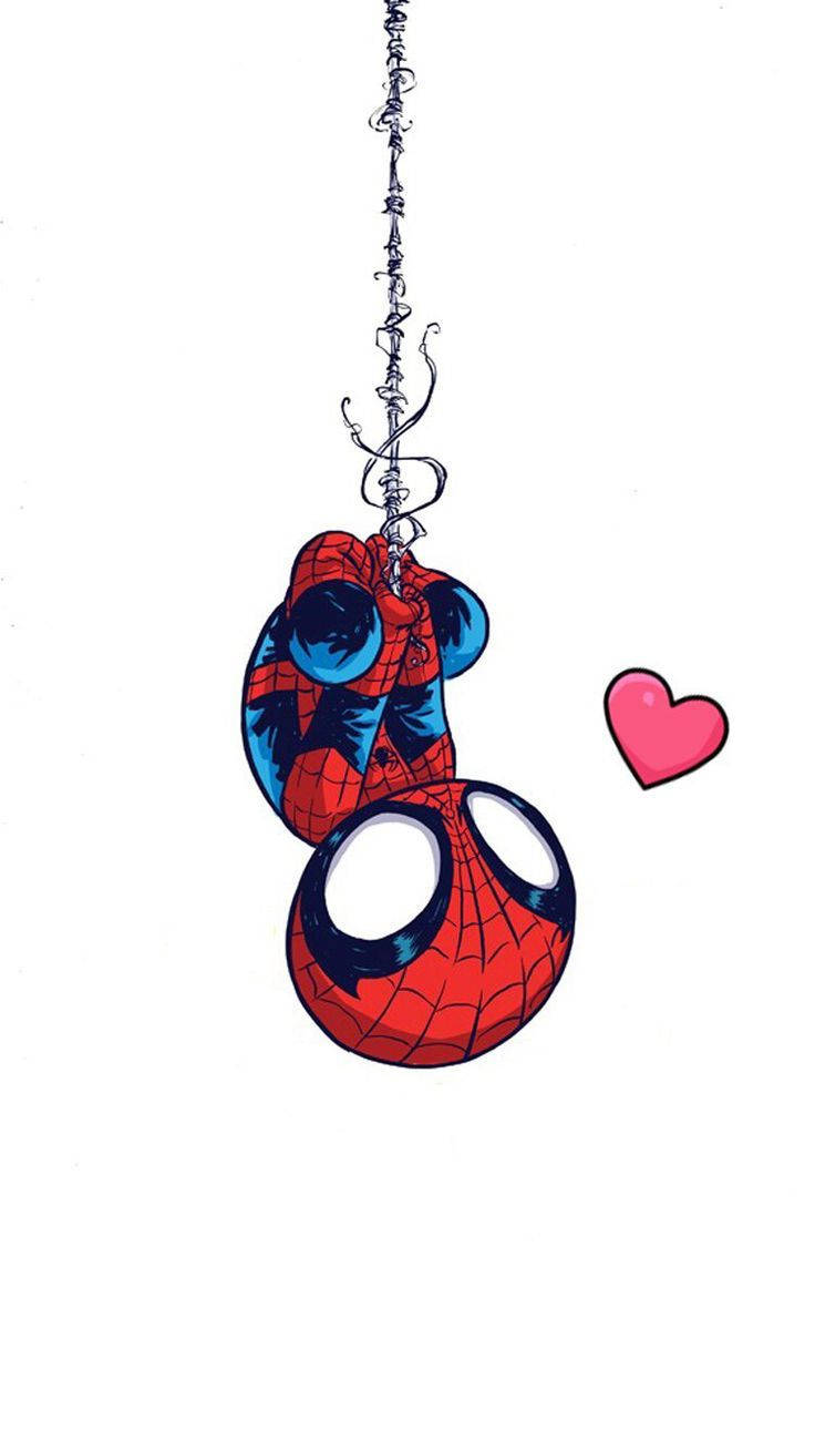Cute Marvel 桌布 壁紙 — 一個卡通風格的蜘蛛人倒掛在蜘蛛網上，附近漂浮著一個粉紅色的愛心，背景是純白色。
