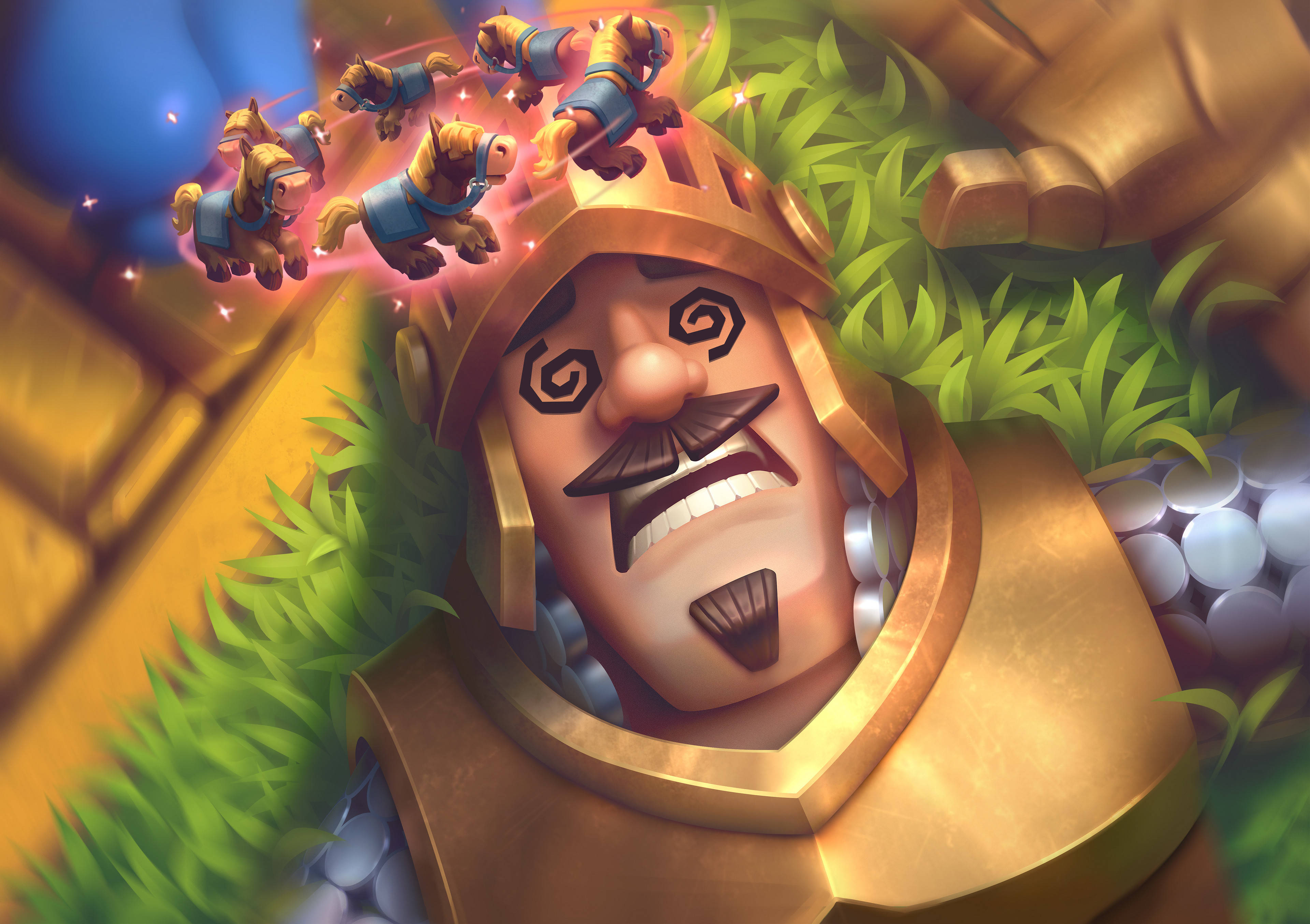 Clash Royale 桌布 壁紙 — 一個卡通風格的裝甲戰士，留著鬍子，眼睛旋轉，躺在草地上被打敗，而小型飛行馬單位從上方攻擊。