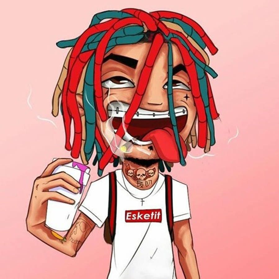 Drip 桌布 壁紙 — 一個卡通風格的角色，有紅色和青綠色的辮子，在粉紅色背景前抽煙並拿著飲料。