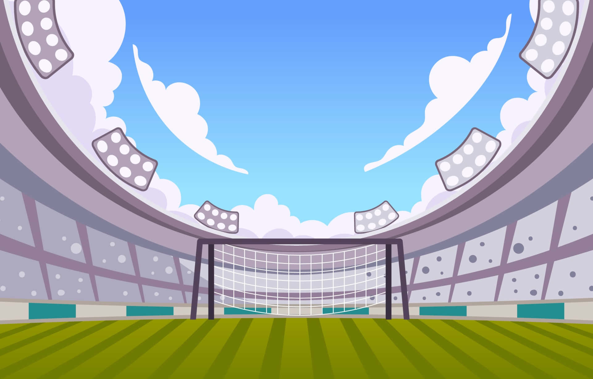 Stadium 桌布 壁紙 — 一個卡通風格的足球場，有綠色場地和球門，在藍天白雲和球場燈光下。