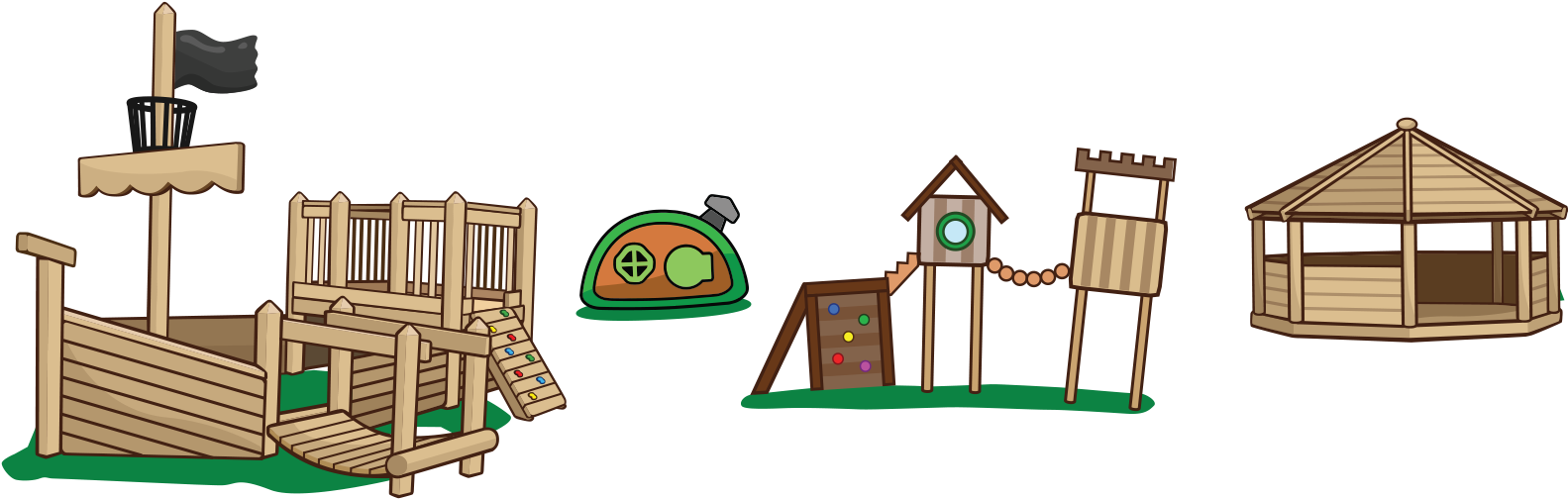 Playground 桌布 壁紙 — 一個卡通風格的遊樂場，設有木製海盜船溜滑梯、蘑菇屋、攀爬塔和涼亭，位於綠色草地上。