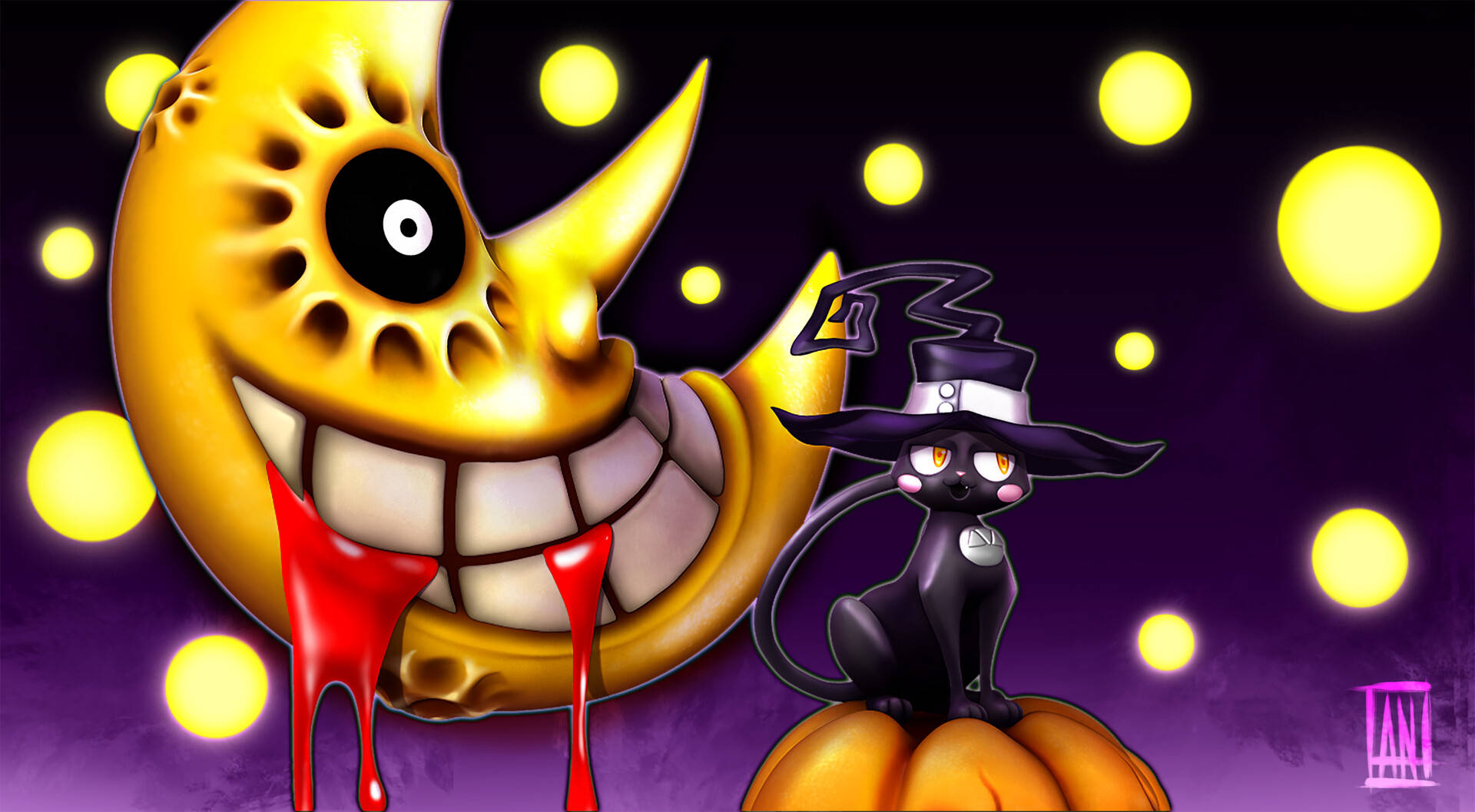 soul eater moon 桌布 壁紙 — 一個卡通風格的金色新月咧嘴大笑，滴著紅色液體，旁邊有一隻戴著巫師帽的黑貓棲息在南瓜上。