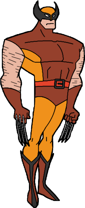Clip Art 桌布 壁紙 — 一個卡通風格的金鋼狼（Wolverine）以英雄姿勢站立，伸出爪子，穿著他標誌性的棕色和黃色服裝。