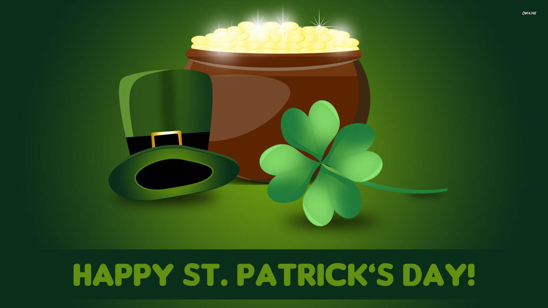 St Patrick's Day 桌布 壁紙 — 一個卡通風格的金鍋，旁邊有妖精帽子和四葉草，金鍋裡滿是硬幣，背景是綠色漸變色。