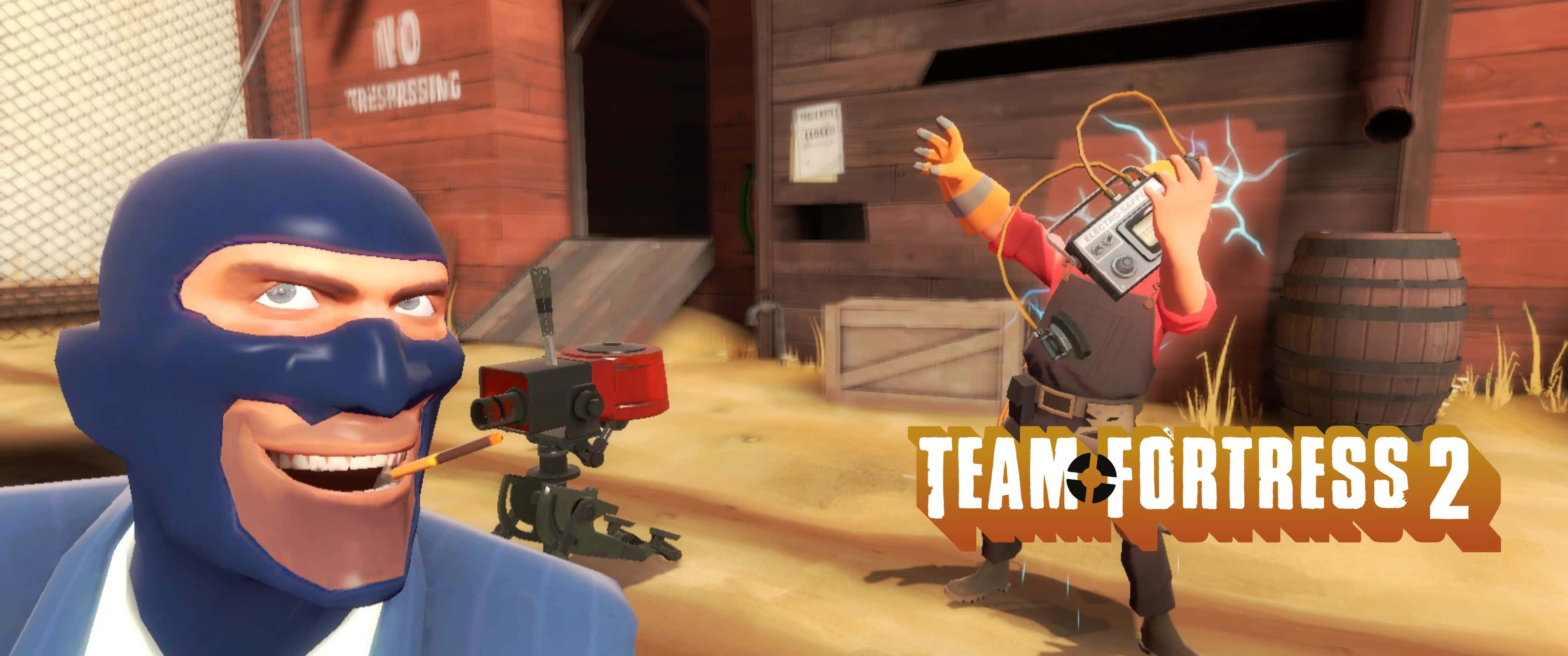 3440x1440p Tf2 桌布 壁紙 — 一個卡通風格的面具賊咧嘴笑，而科學家用裝置電擊自己，在塵土飛揚的西部小鎮。