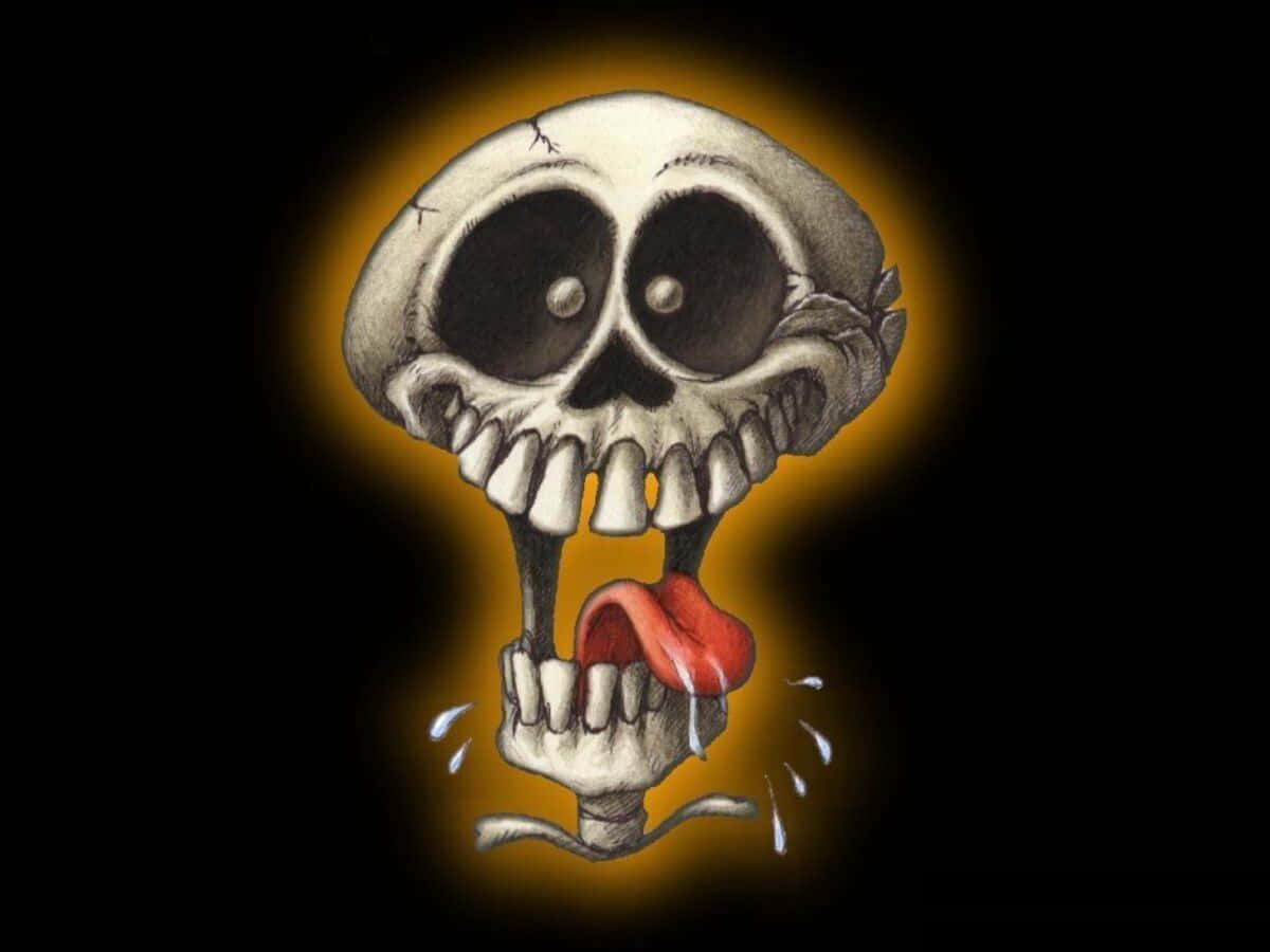 Halloween Skeleton 桌布 壁紙 — 一個卡通風格的頭骨，有大眼睛和伸出的紅色舌頭，在黑色背景上發光。