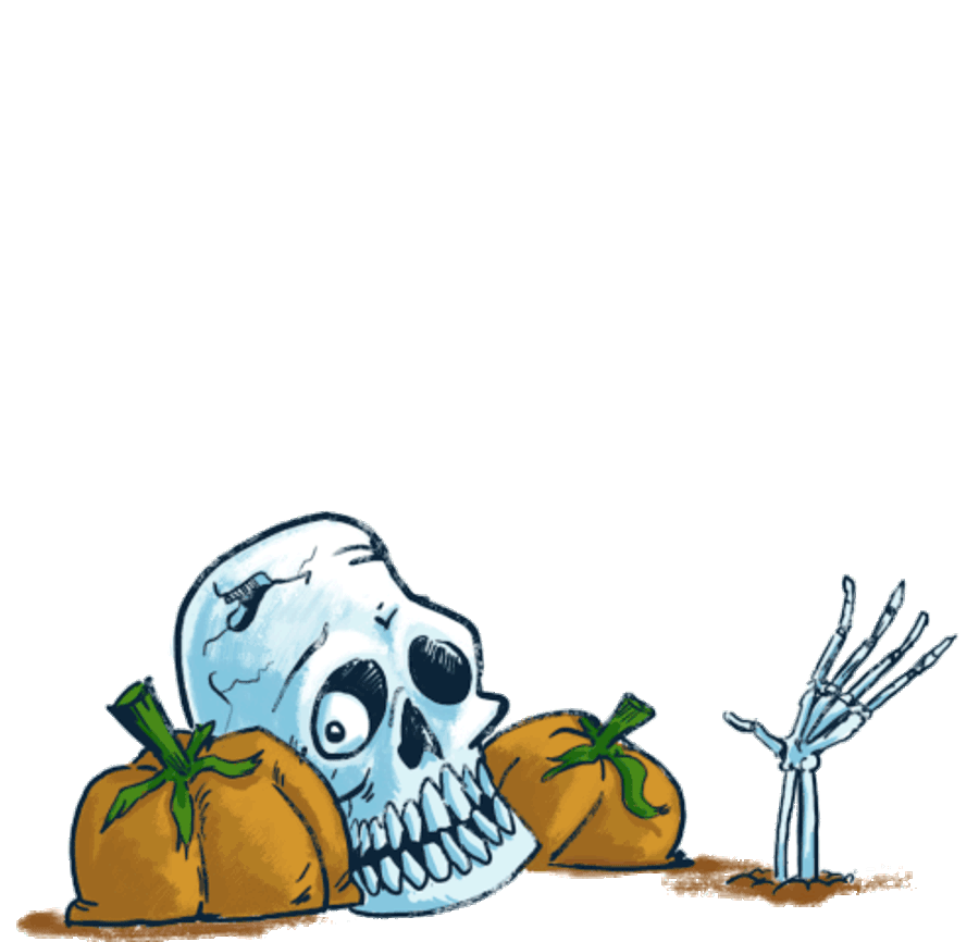 Spooky 桌布 壁紙 — 一個卡通風格的頭骨和骷髏手從泥土中冒出，旁邊有南瓜，背景是純橙色。