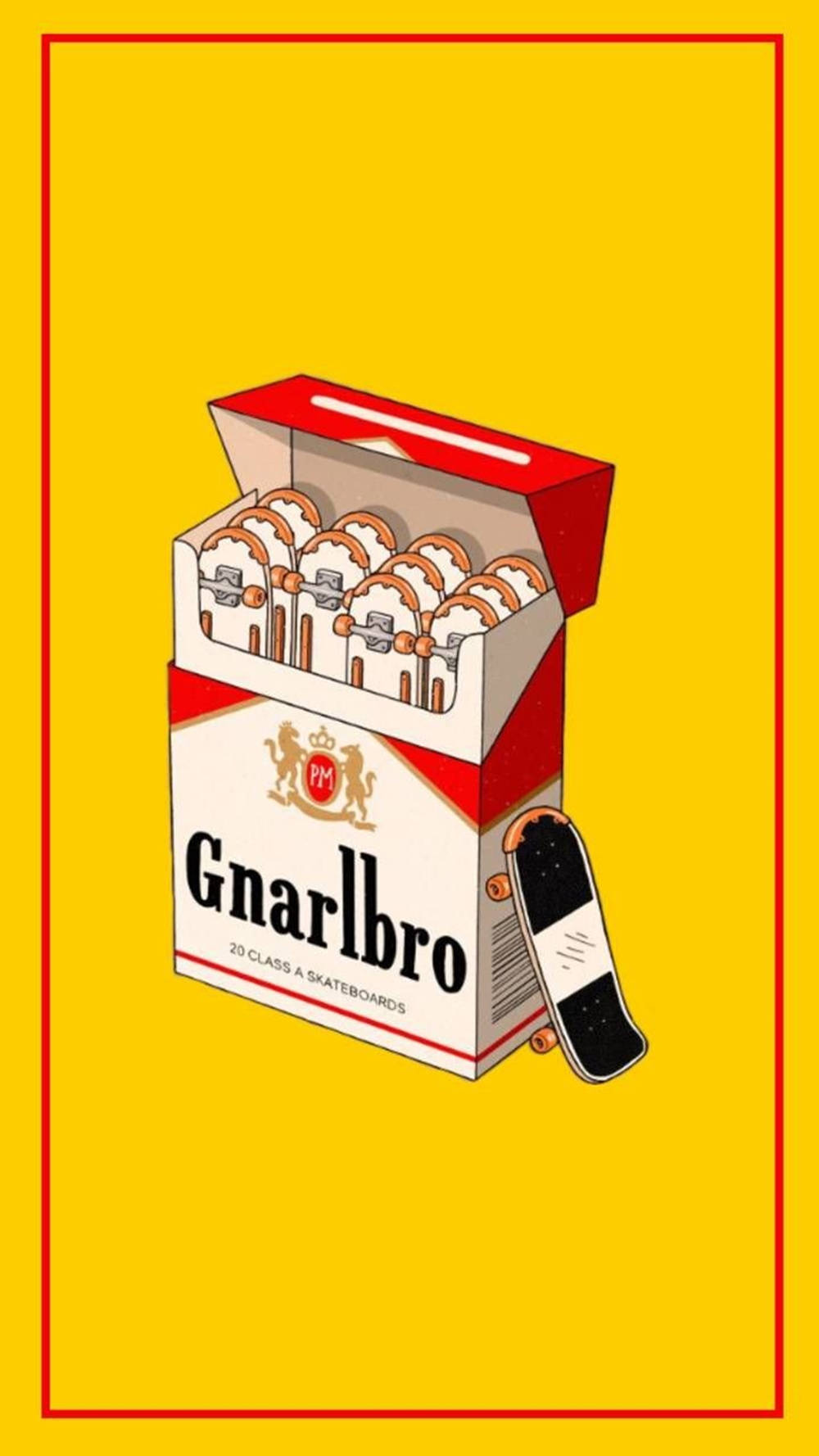 滑板 桌布 壁紙 — 一個卡通風格的香煙包裝，標籤為 'Gnarlbros'，裝滿滑板板面，背景是亮黃色。