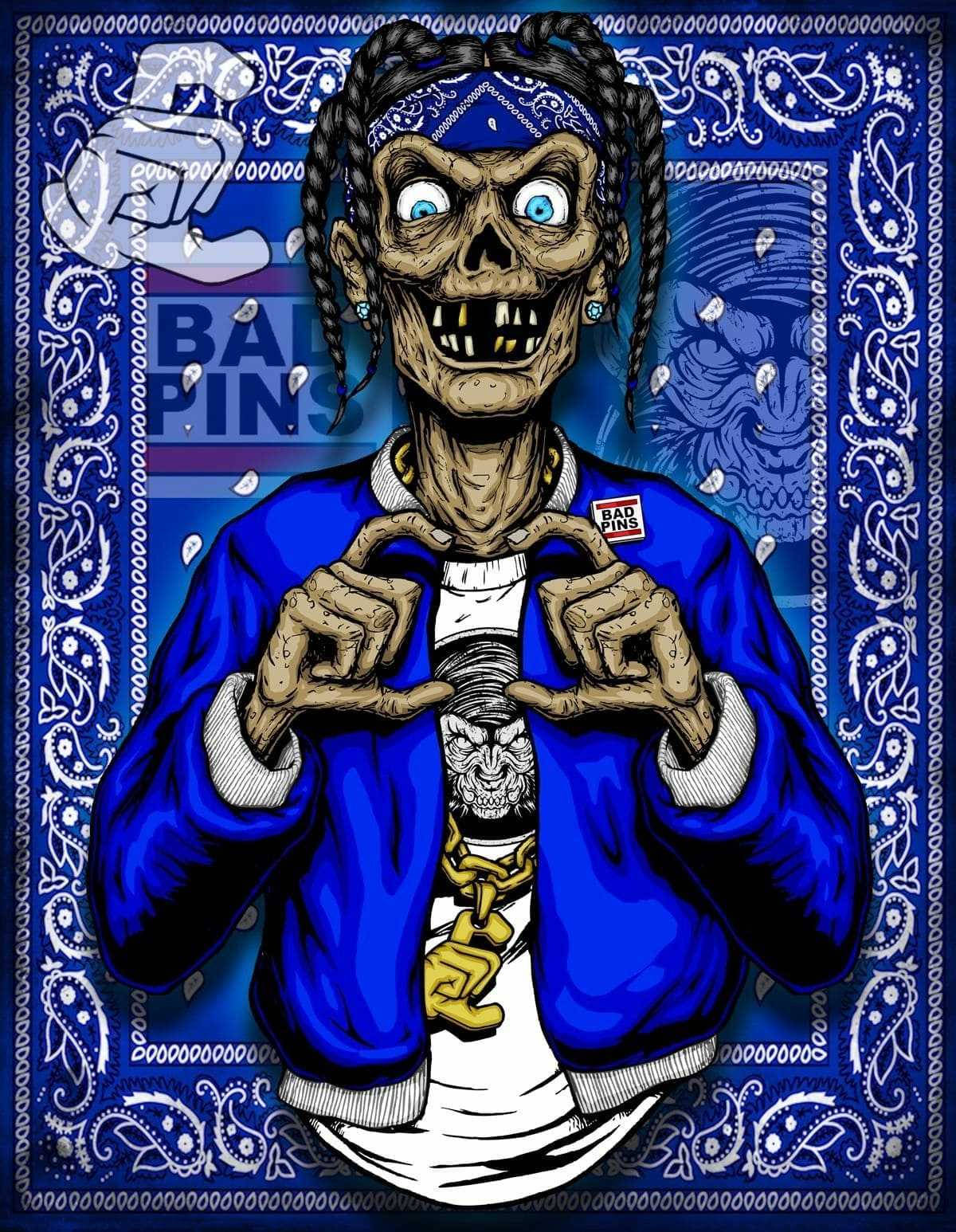 Crip 桌布 壁紙 — 一個卡通風格的骷髏頭，梳著辮子，戴著藍色頭巾，穿著藍色外套和金色鏈條，用手指做出心形。