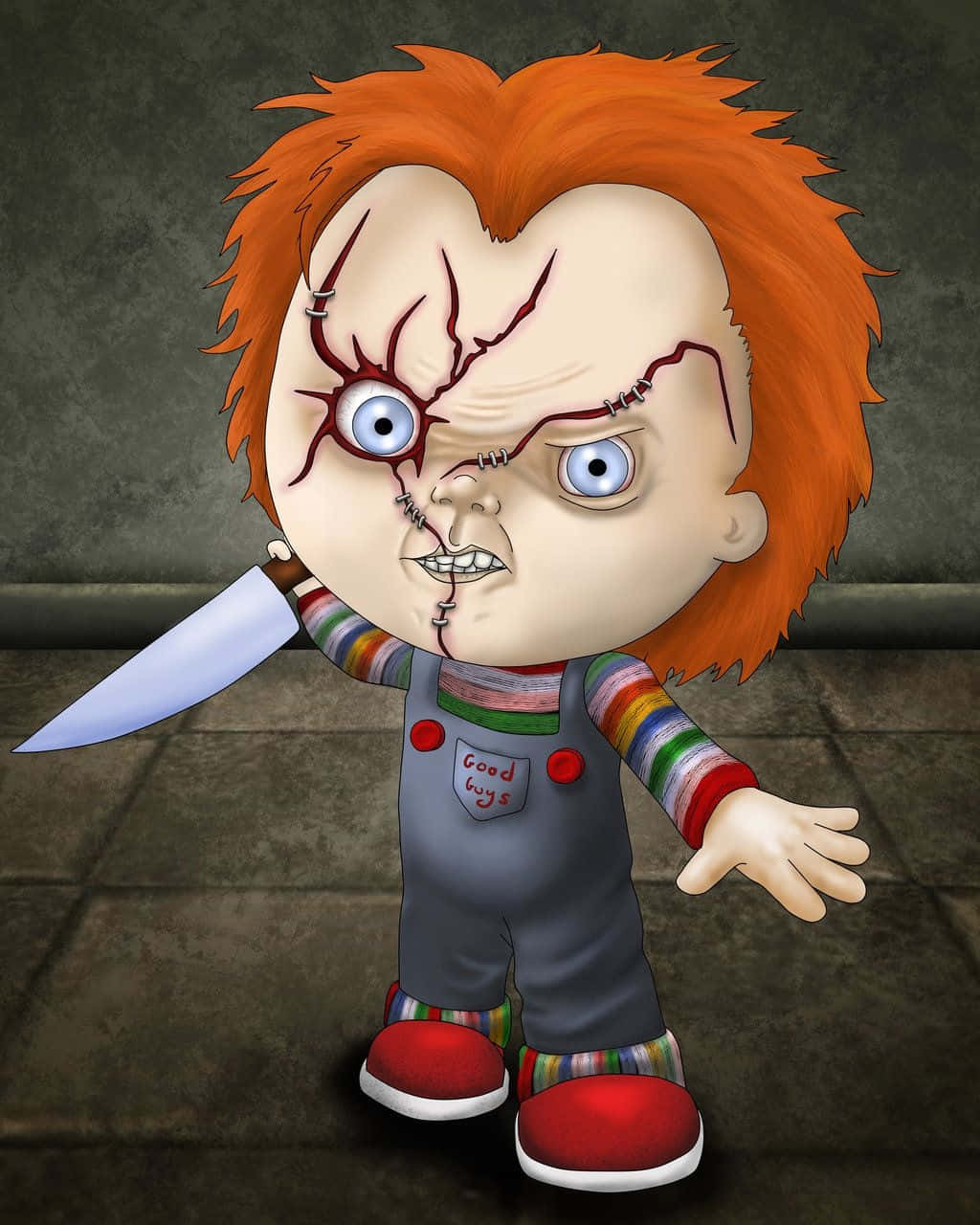 Cartoon Horror 桌布 壁紙 — 一個卡通風格的鬼娃恰吉娃娃，橙色頭髮，縫合面孔，在灰色石地背景上拿著一把刀。