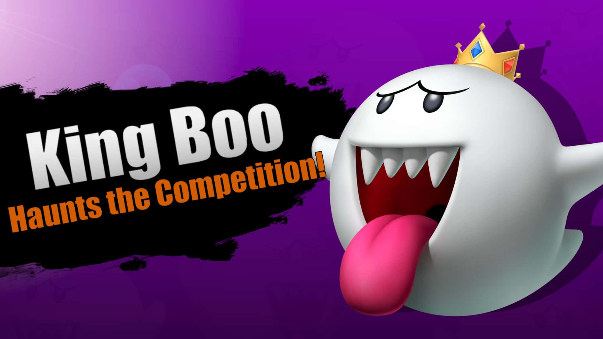 King Boo 桌布 壁紙 — 一個卡通風格的鬼王戴著皇冠，在紫色背景上伸出舌頭，並有粗體文字。