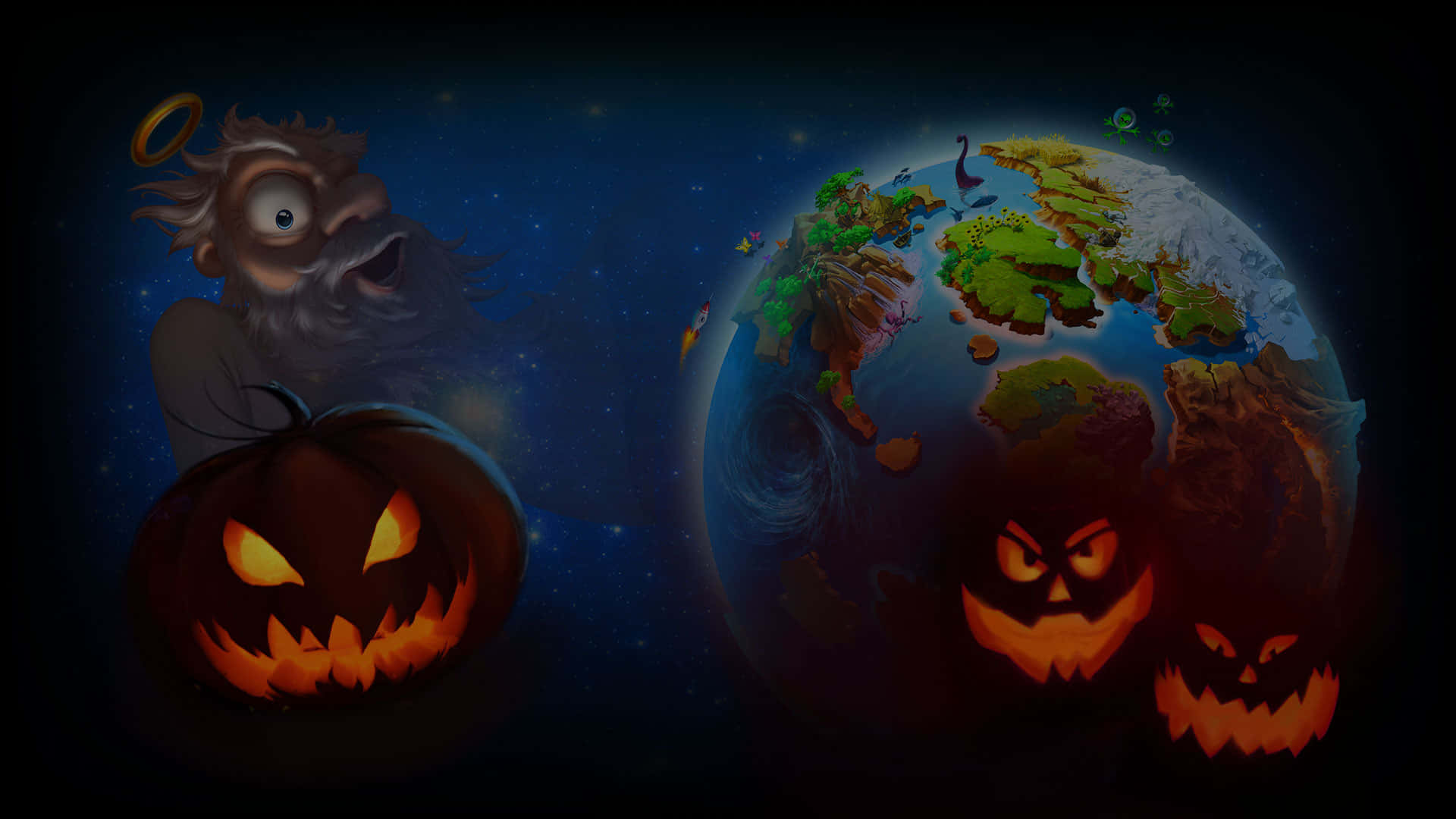Halloween Profile 桌布 壁紙 — 一個卡通風格的魔鬼，頭上有光環和南瓜頭，凝視著一個被發光南瓜燈籠包圍的地球儀，背景是星空夜空。