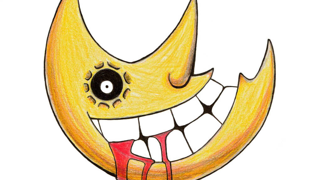 soul eater moon 桌布 壁紙 — 一個卡通風格的黃色新月，有一隻眼睛和一個露出牙齒的咧嘴笑，滴著紅色液體。