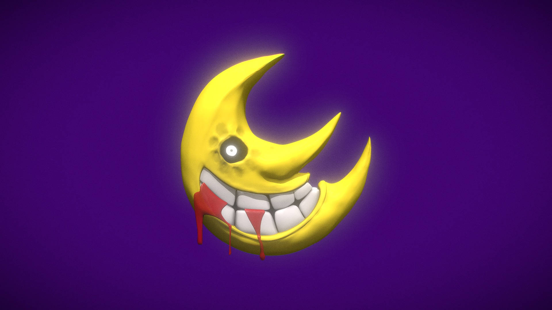 soul eater moon 桌布 壁紙 — 一個卡通風格的黃色新月，有一隻眼睛，在紫色背景上從寬闊的笑容中滴下血。