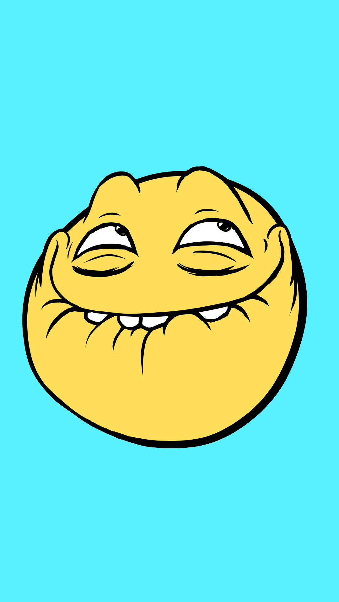 faces 桌布 壁紙 — 一個卡通風格的黃色笑臉，帶著得意的笑容和瞇起的眼睛，背景是明亮的青色。