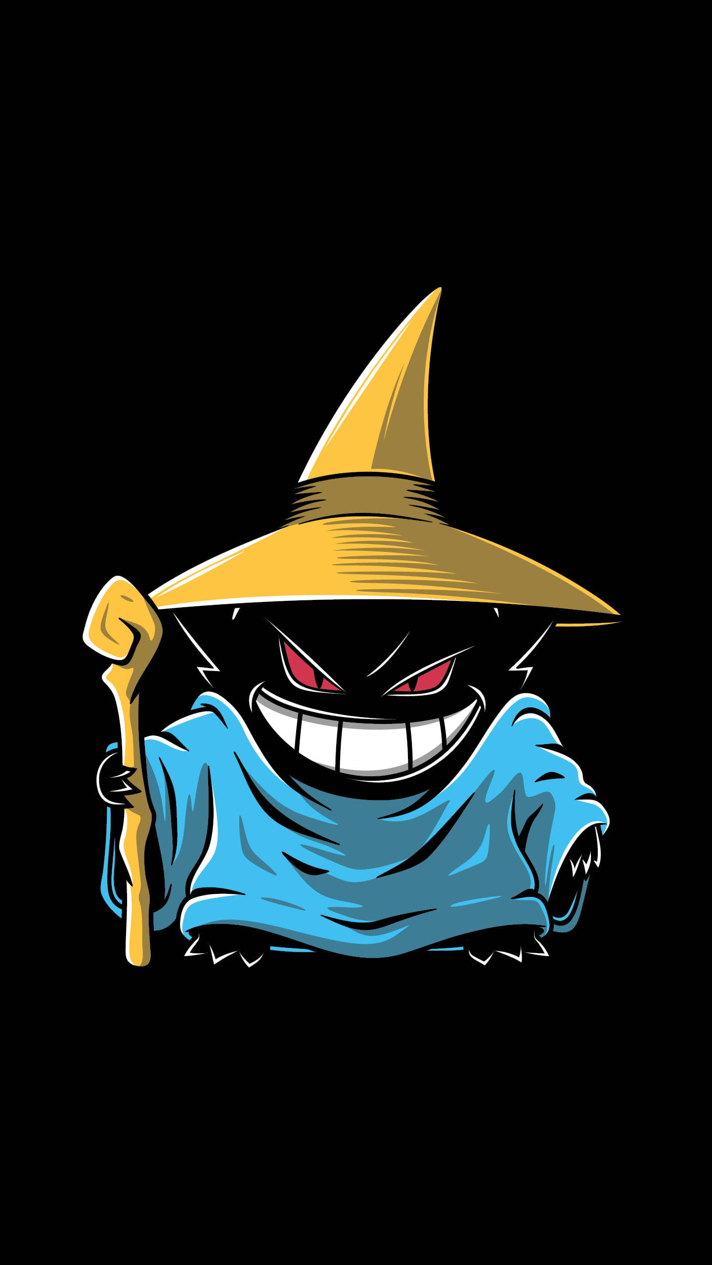 Smile 桌布 壁紙 — 一個卡通風格的黑暗巫師，咧嘴大笑，紅眼睛，戴著黃色帽子，在黑色背景前手持法杖。