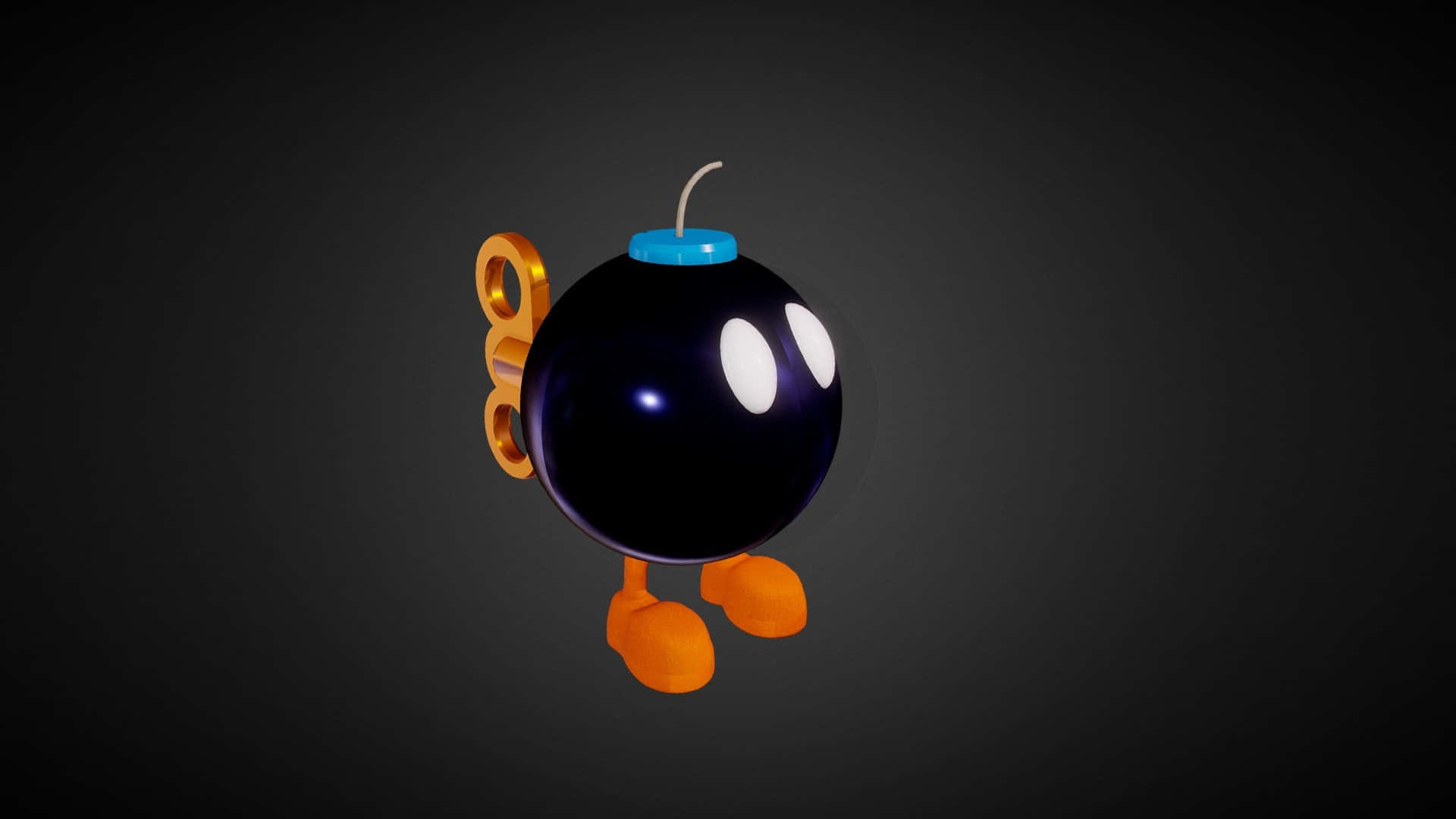 Bob-omb 桌布 壁紙 — 一個卡通風格的黑色炸彈，有白色眼睛、橙色腳和一頂藍色帽子，站在深灰色背景前。