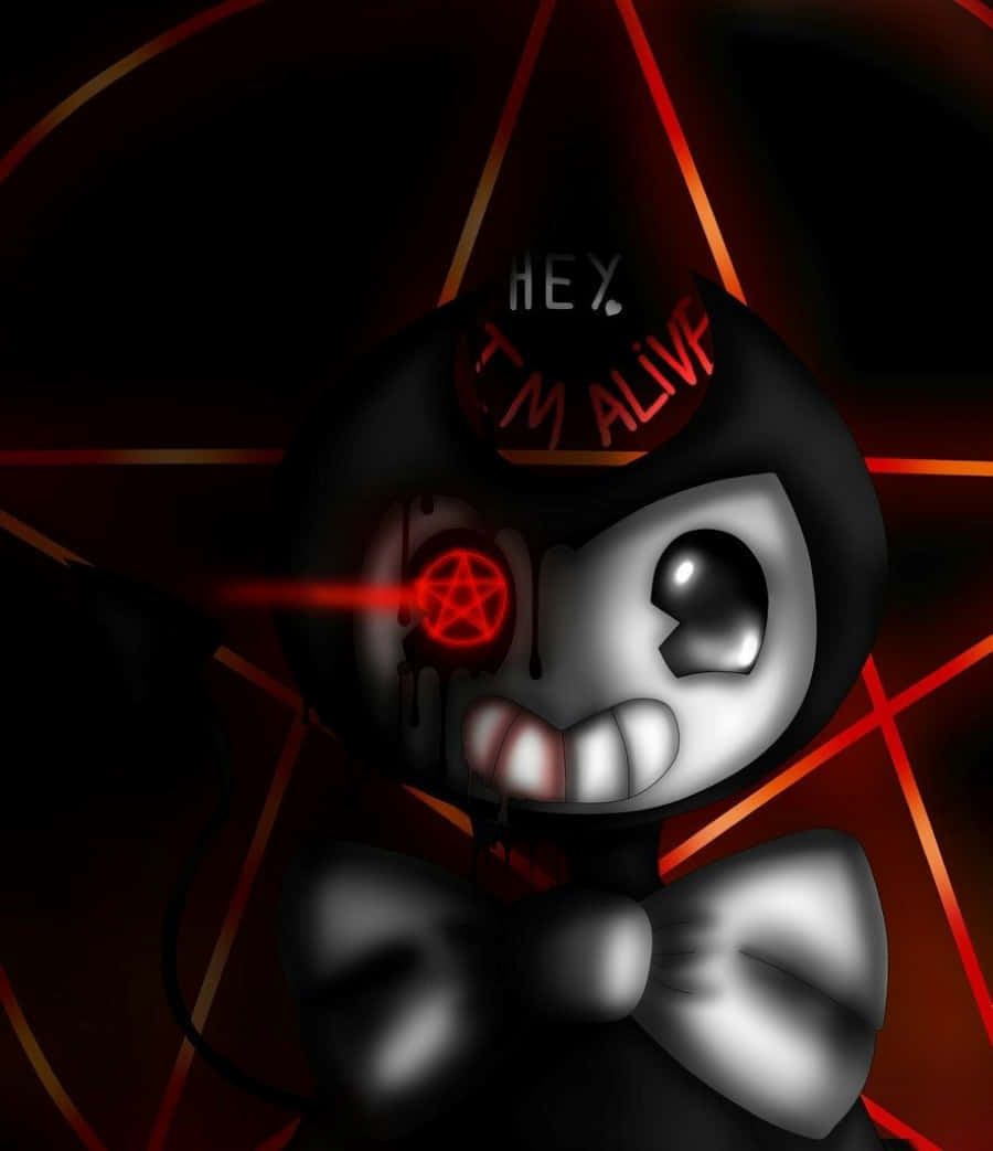 Bendy 桌布 壁紙 — 一個卡通風格的黑色角色，有發光紅色五角星眼和蝴蝶結，站在有紅色幾何線條的黑暗背景前。