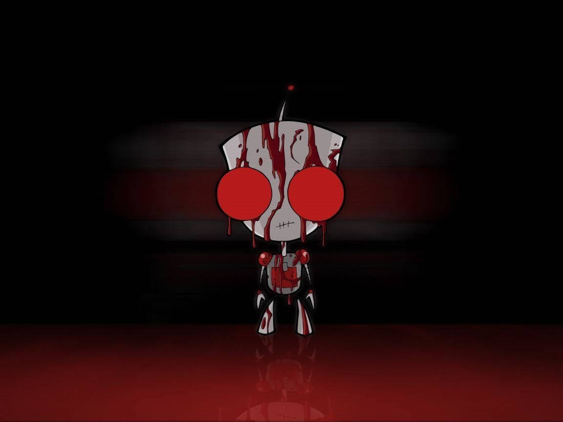 Invader Zim 桌布 壁紙 — 一個卡通風格紅眼角色，身上有血跡，獨自站在一個有反射紅色地板的黑暗房間裡。