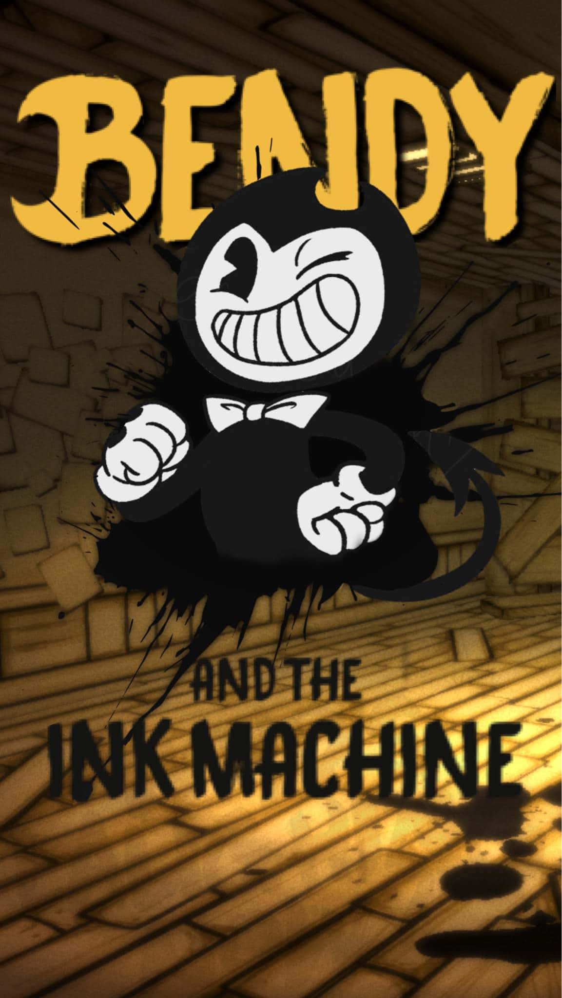 Bendy 桌布 壁紙 — 一個卡通風格黑色墨水角色，咧嘴大笑，戴著蝴蝶結，從黃色磚牆背景的裂牆中爆出。
